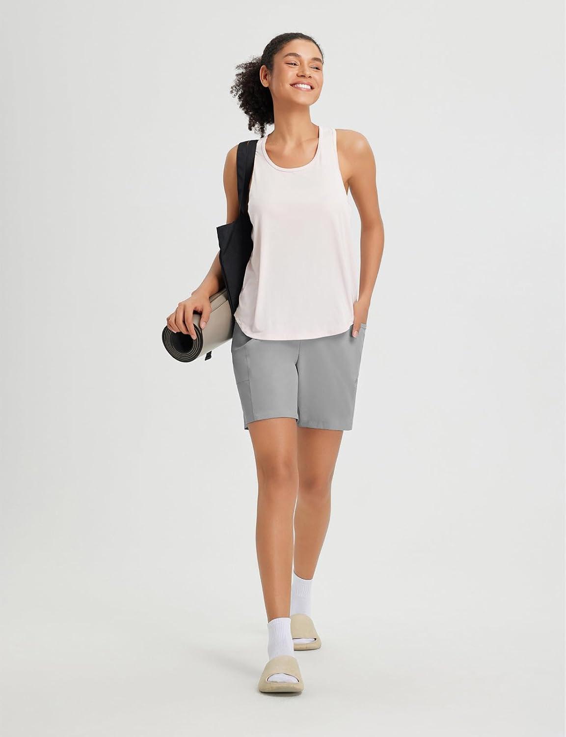 imagebaleaf Womens 7quot Athletic Shorts Quick Dry Running Workout Lightweight High Waisted Long Shorts with PocketsGray