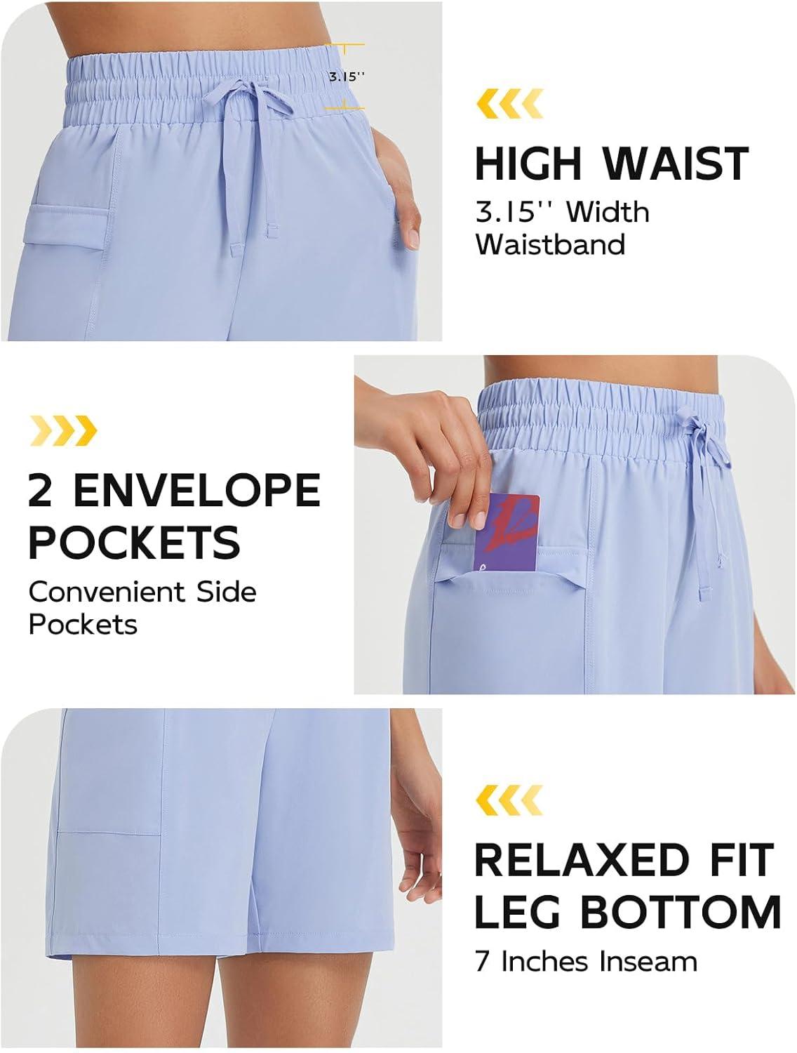 imagebaleaf Womens 7quot Athletic Shorts Quick Dry Running Workout Lightweight High Waisted Long Shorts with PocketsLight Blue