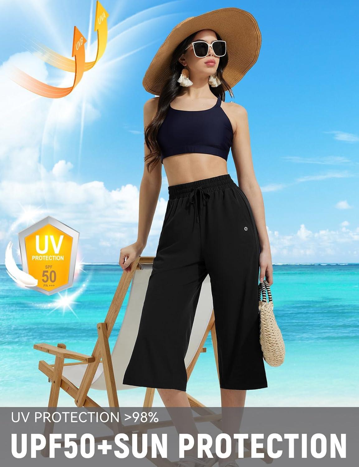 imagebaleaf Womens Capri Beach Pants Wide Leg Quick Dry Lightweight Capris UPF50 Casual Sweatpants Swim PantsBlack