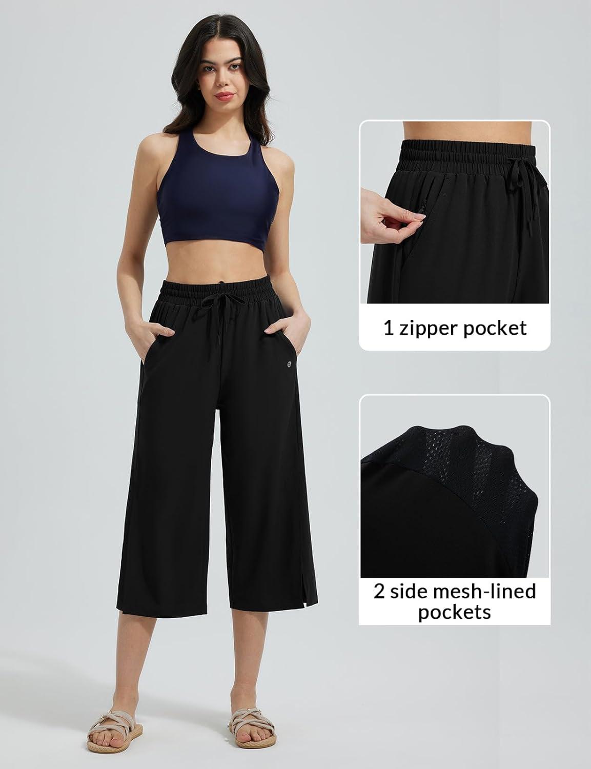 imagebaleaf Womens Capri Beach Pants Wide Leg Quick Dry Lightweight Capris UPF50 Casual Sweatpants Swim PantsBlack