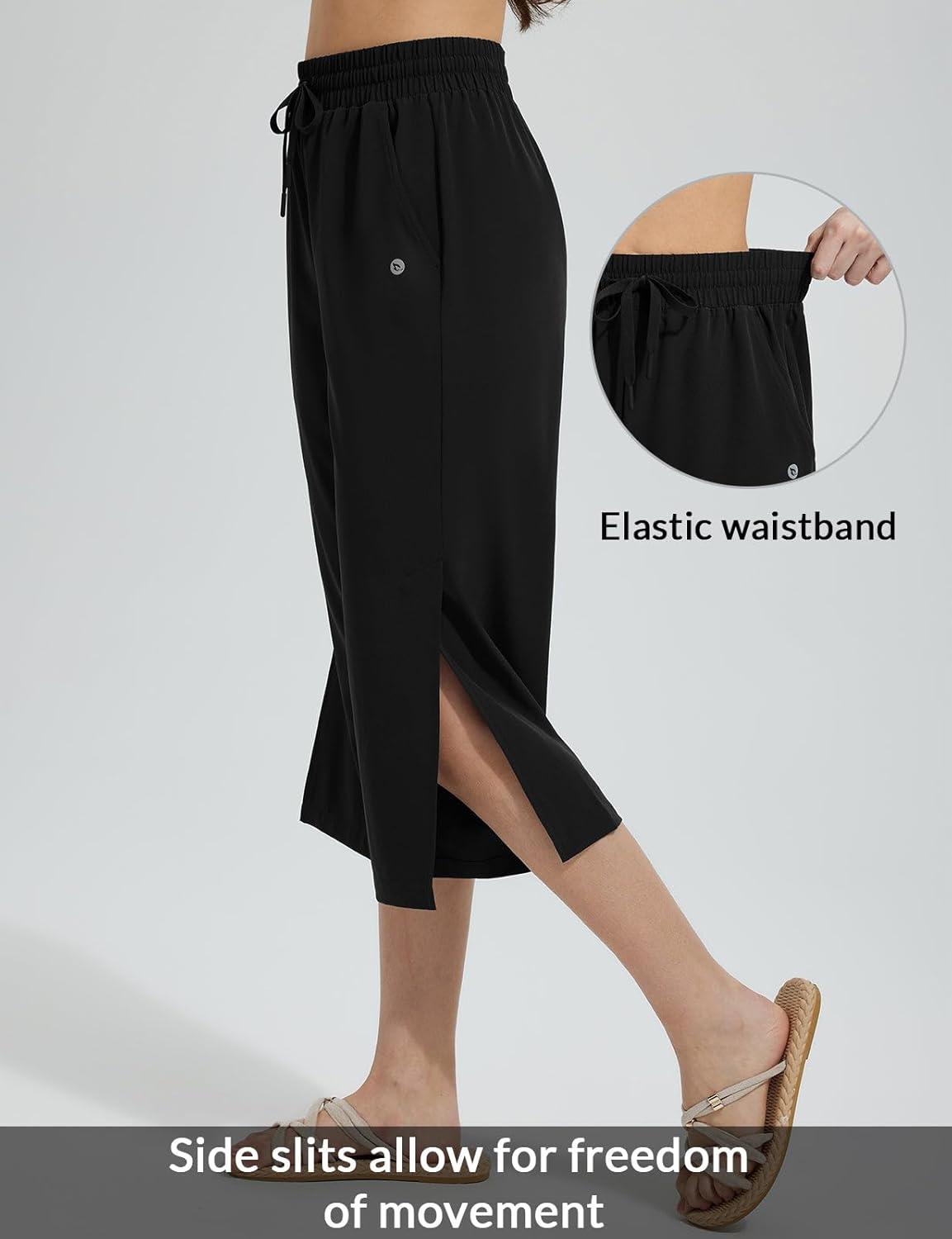 imagebaleaf Womens Capri Beach Pants Wide Leg Quick Dry Lightweight Capris UPF50 Casual Sweatpants Swim PantsBlack