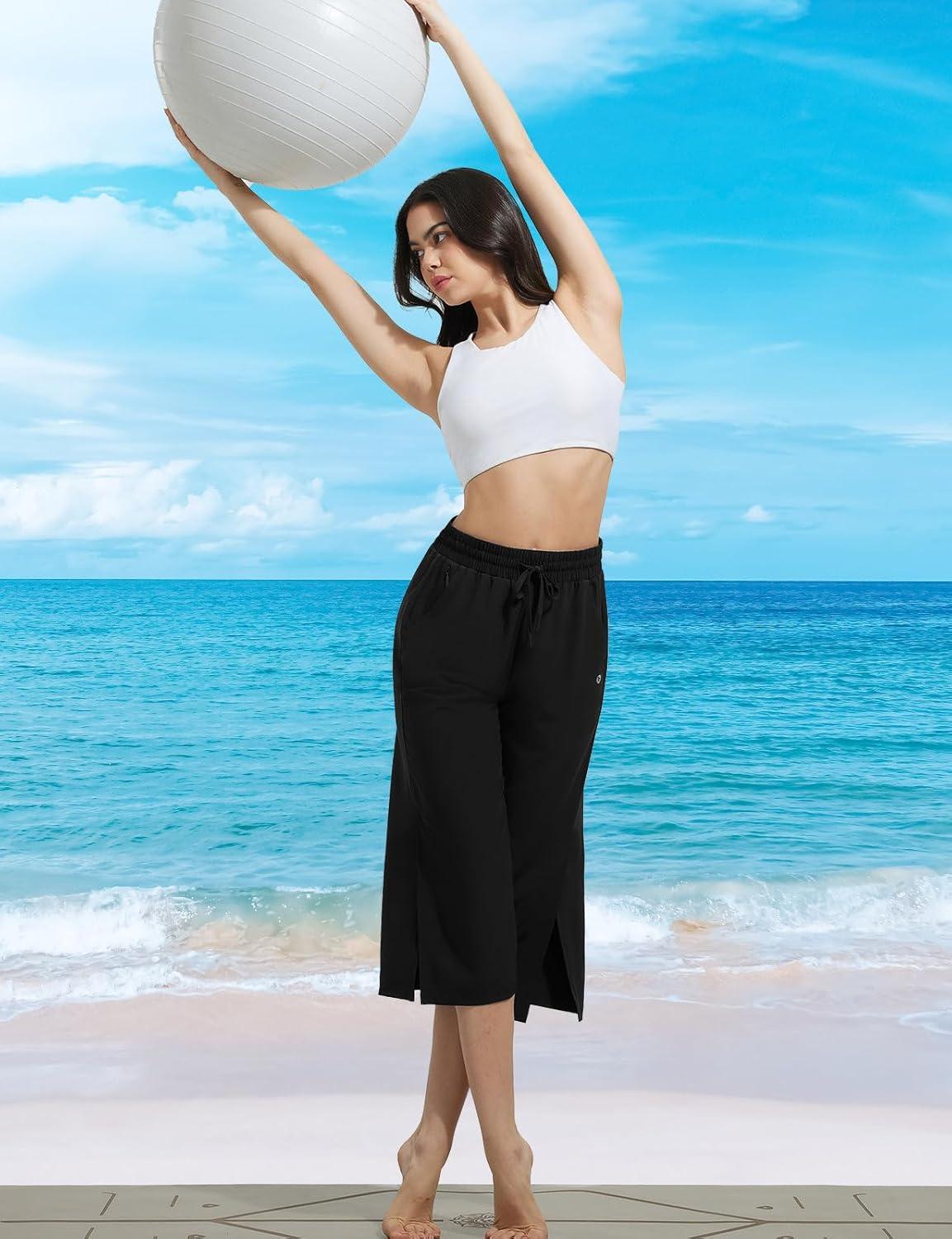 imagebaleaf Womens Capri Beach Pants Wide Leg Quick Dry Lightweight Capris UPF50 Casual Sweatpants Swim PantsBlack
