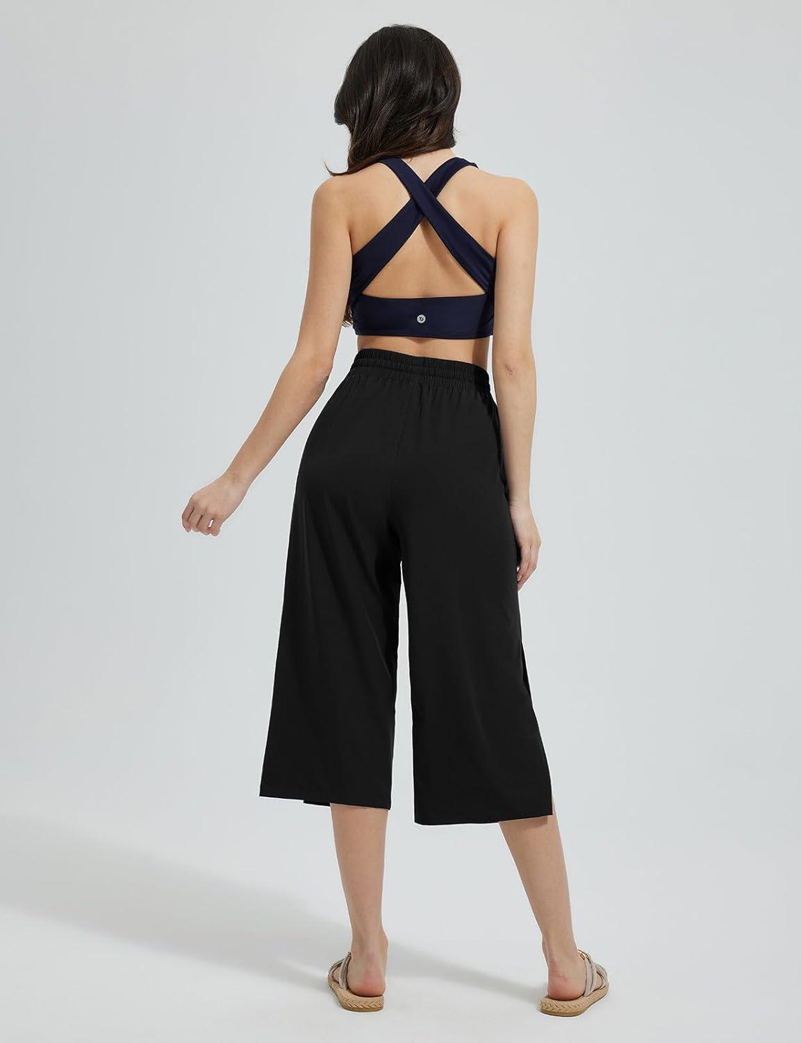 imagebaleaf Womens Capri Beach Pants Wide Leg Quick Dry Lightweight Capris UPF50 Casual Sweatpants Swim PantsBlack