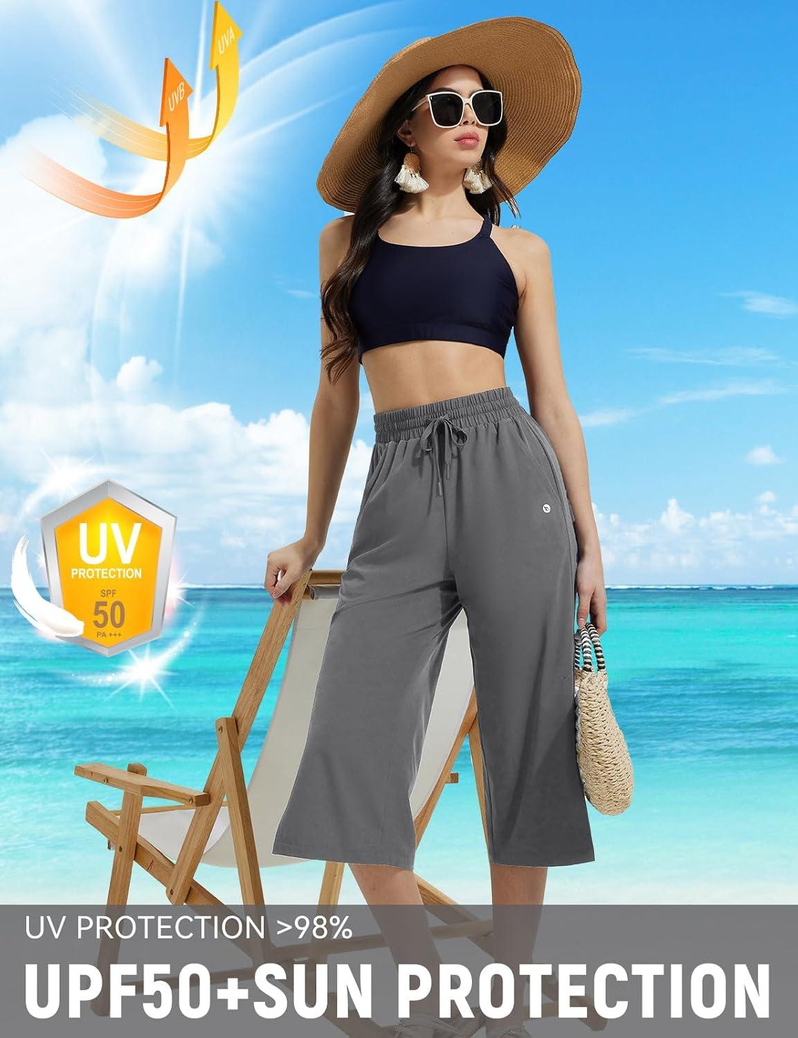 imagebaleaf Womens Capri Beach Pants Wide Leg Quick Dry Lightweight Capris UPF50 Casual Sweatpants Swim PantsDark Gray