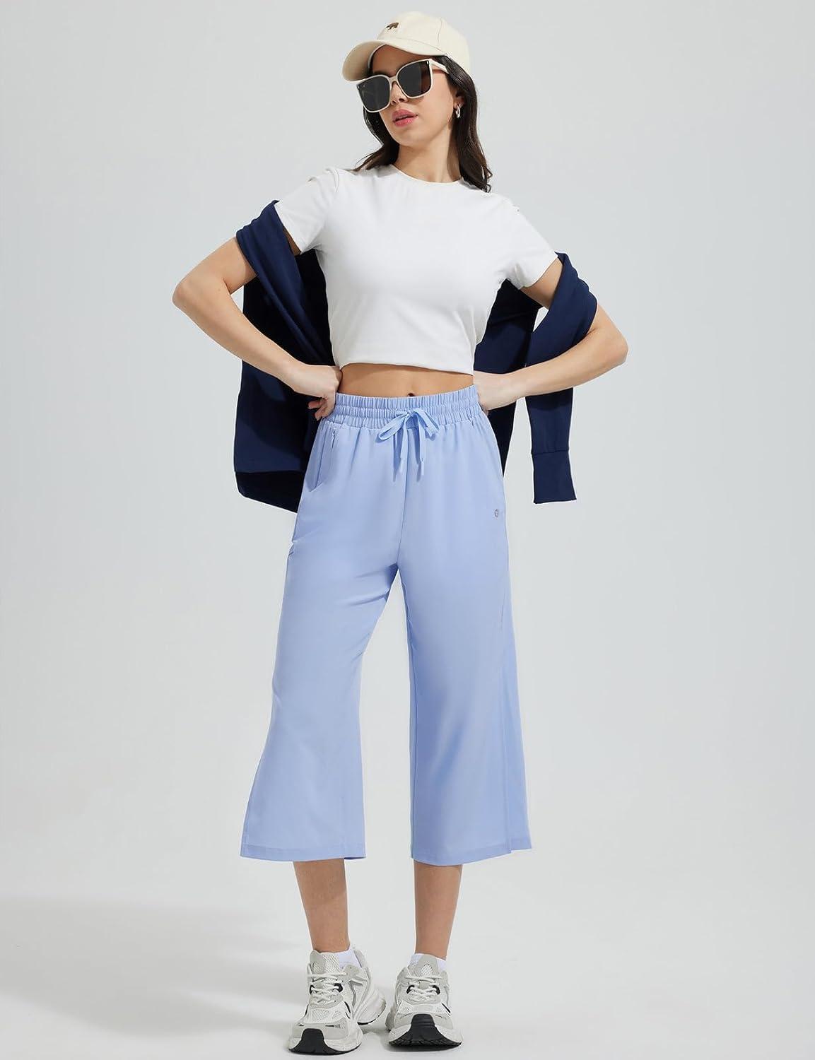 imagebaleaf Womens Capri Beach Pants Wide Leg Quick Dry Lightweight Capris UPF50 Casual Sweatpants Swim PantsLight Blue