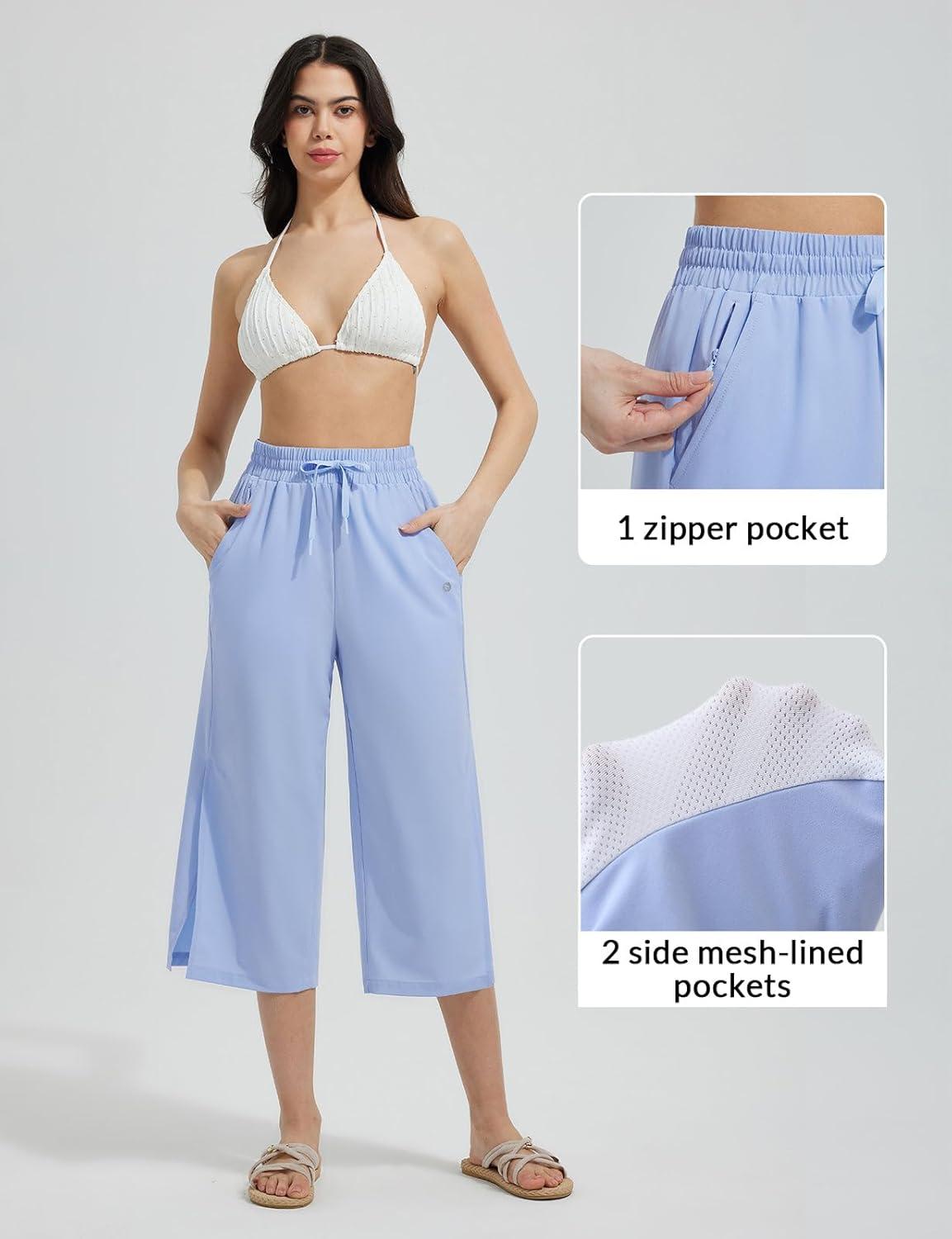 imagebaleaf Womens Capri Beach Pants Wide Leg Quick Dry Lightweight Capris UPF50 Casual Sweatpants Swim PantsLight Blue