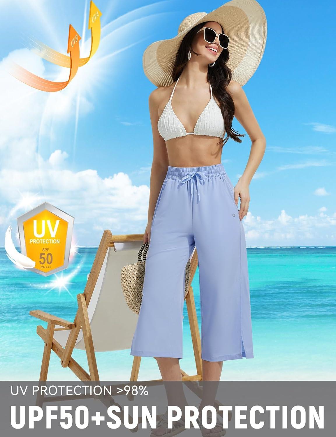 imagebaleaf Womens Capri Beach Pants Wide Leg Quick Dry Lightweight Capris UPF50 Casual Sweatpants Swim PantsLight Blue