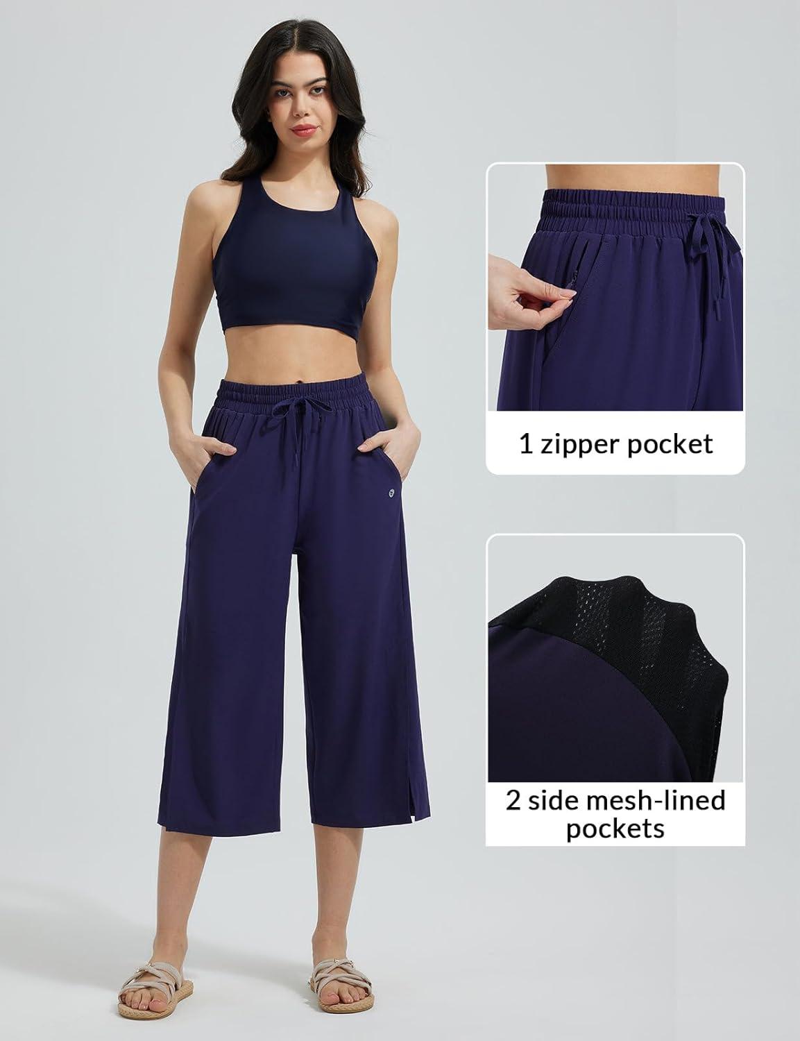 imagebaleaf Womens Capri Beach Pants Wide Leg Quick Dry Lightweight Capris UPF50 Casual Sweatpants Swim PantsNavy Blue