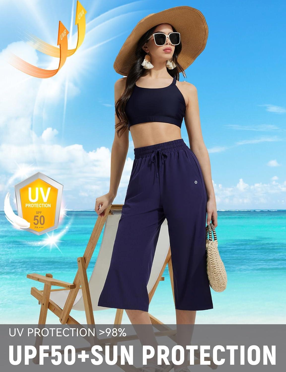 imagebaleaf Womens Capri Beach Pants Wide Leg Quick Dry Lightweight Capris UPF50 Casual Sweatpants Swim PantsNavy Blue