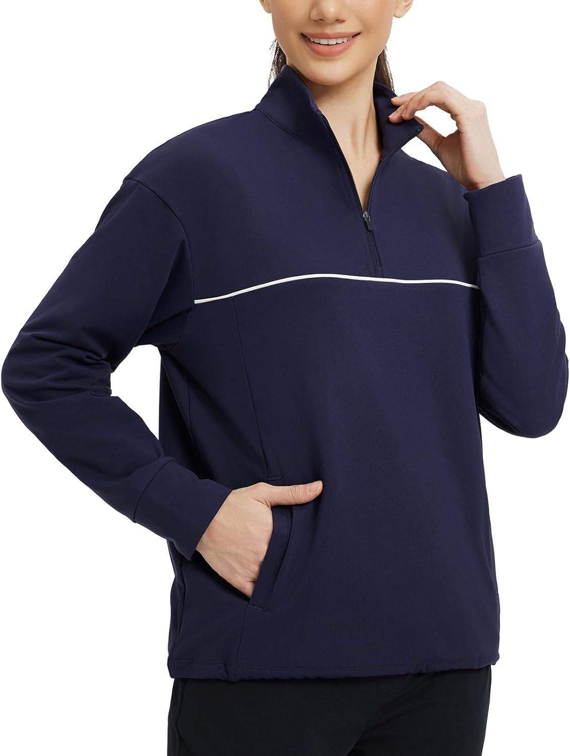 imagebaleaf Womens Fleece Golf Pullover Half Zip Running Jacket Thermal Shirts Winter Cold Weather Gear Water ResistantNavy Blue