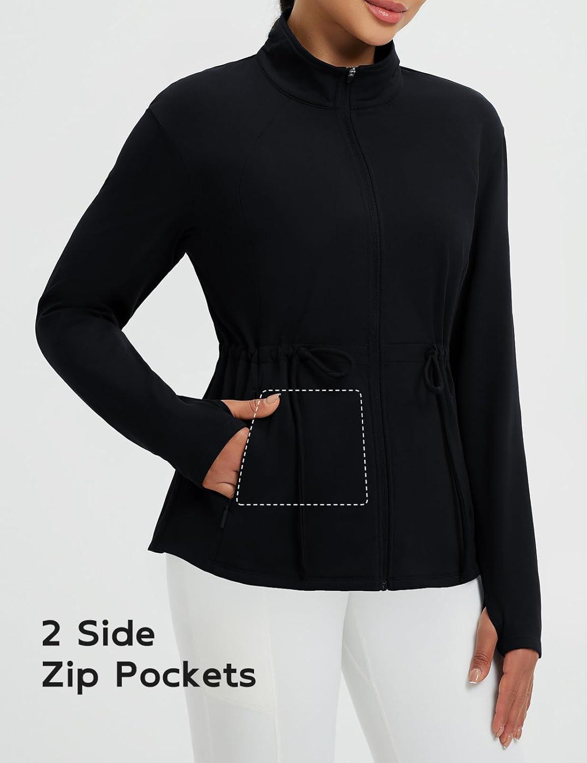 imagebaleaf Womens Fleece Lined Jacket Zip Up Lightweight Winter Coats with Zipper Pockets Warm Jackets Slim Fit Cinch WaistBlack