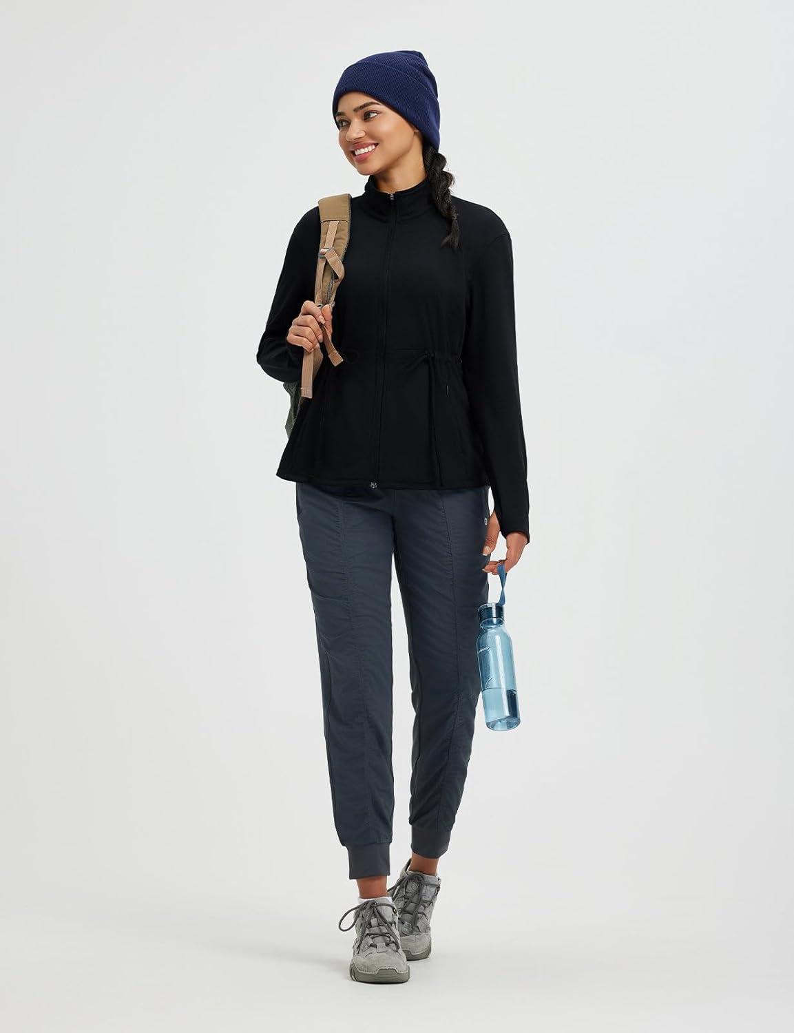 imagebaleaf Womens Fleece Lined Jacket Zip Up Lightweight Winter Coats with Zipper Pockets Warm Jackets Slim Fit Cinch WaistBlack