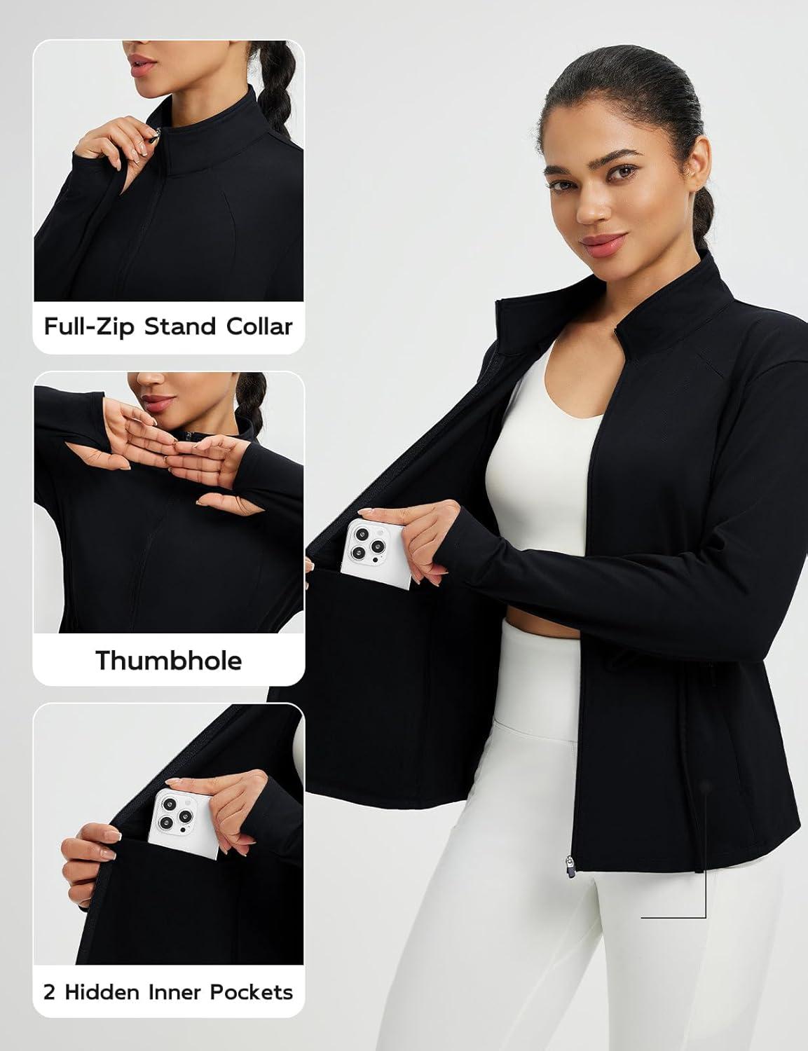 imagebaleaf Womens Fleece Lined Jacket Zip Up Lightweight Winter Coats with Zipper Pockets Warm Jackets Slim Fit Cinch WaistBlack