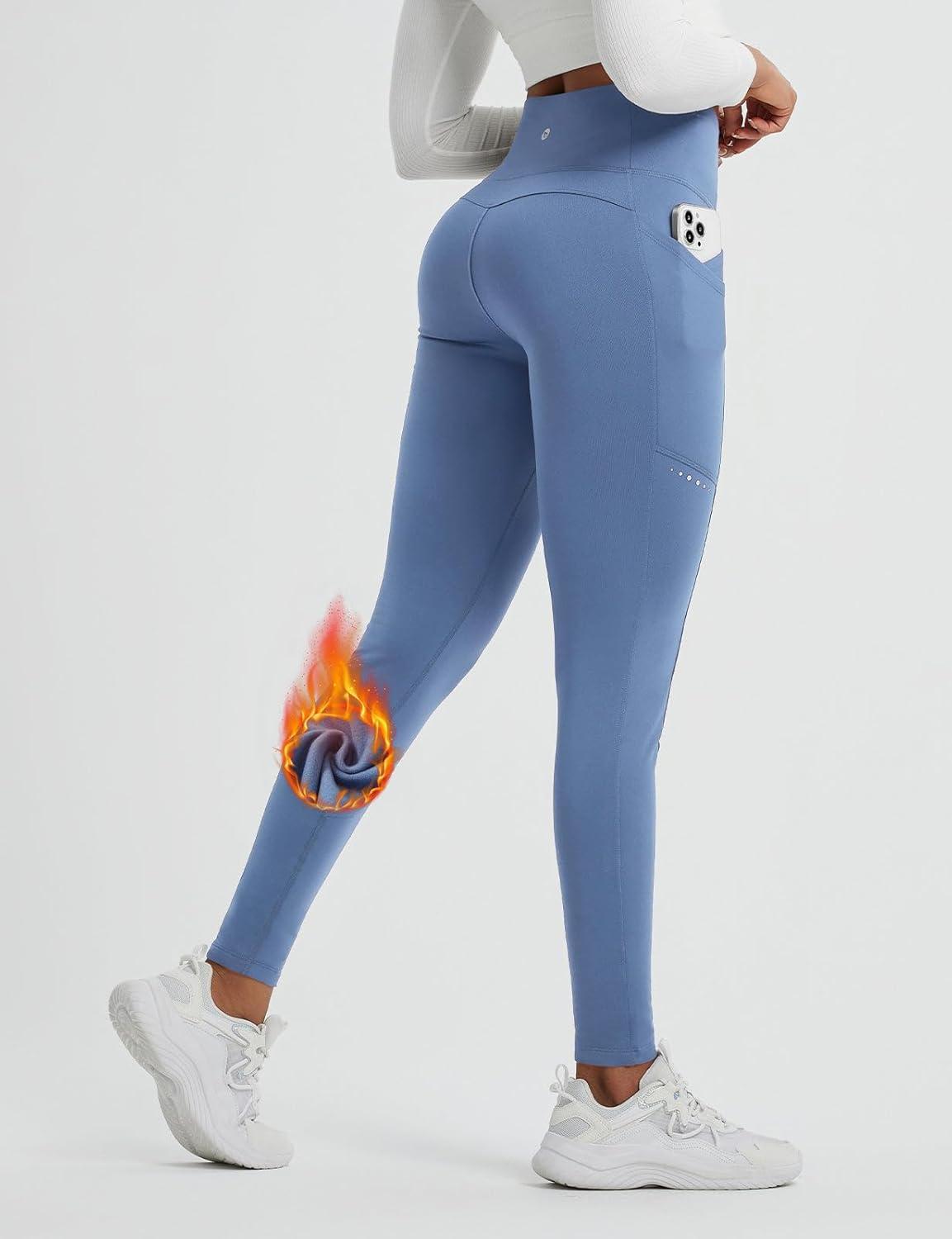 imagebaleaf Womens Fleece Lined Leggings Thermal Winter Warm Pants High Waisted Cold Weather Tights with Cross PocketsBlue