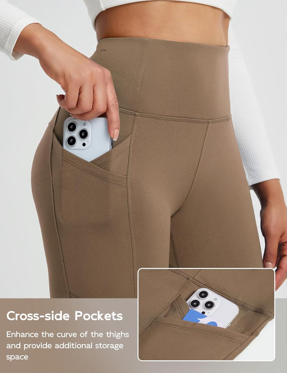 imagebaleaf Womens Fleece Lined Leggings Thermal Winter Warm Pants High Waisted Cold Weather Tights with Cross PocketsBrown