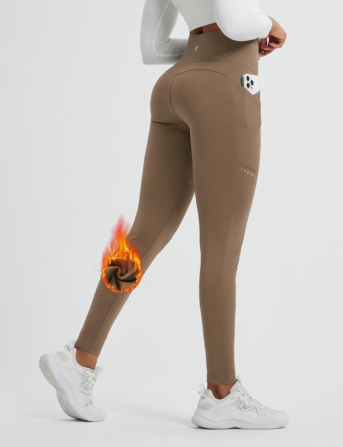 imagebaleaf Womens Fleece Lined Leggings Thermal Winter Warm Pants High Waisted Cold Weather Tights with Cross PocketsBrown