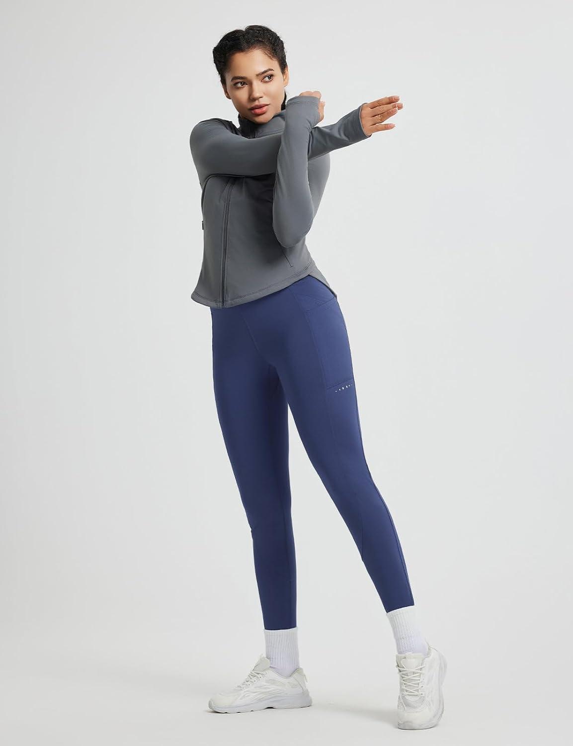 imagebaleaf Womens Fleece Lined Leggings Thermal Winter Warm Pants High Waisted Cold Weather Tights with Cross PocketsNavy Blue