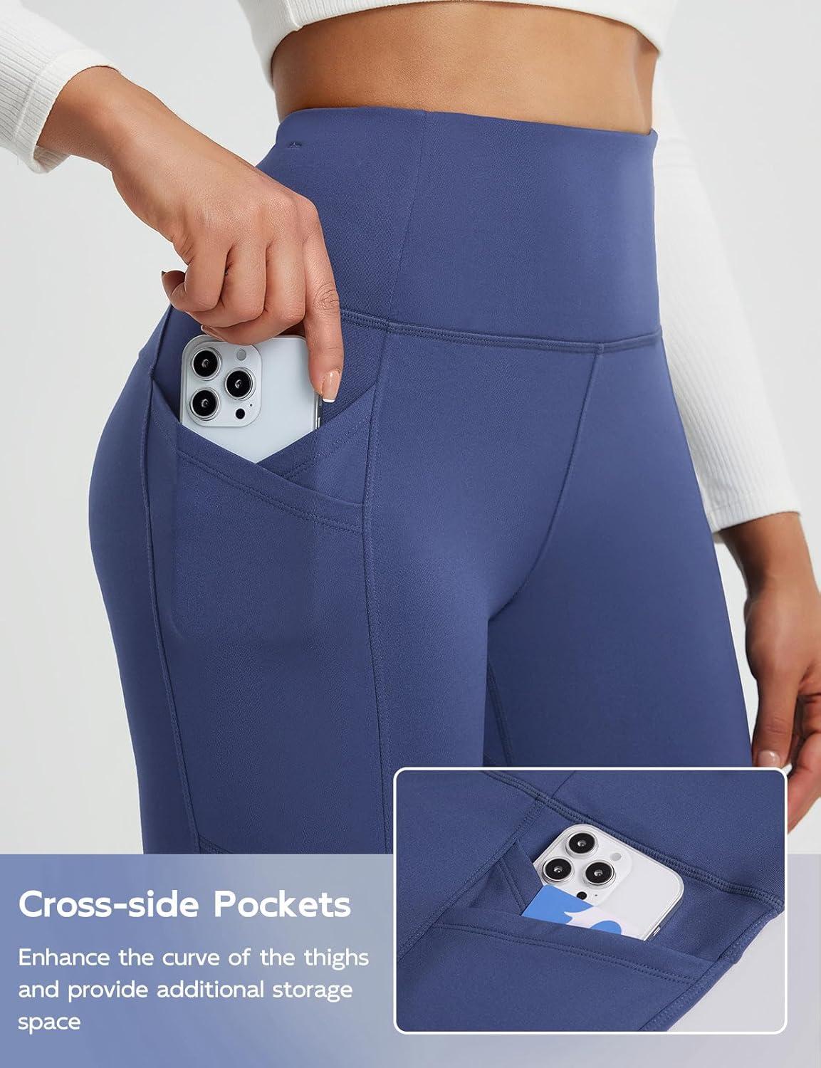 imagebaleaf Womens Fleece Lined Leggings Thermal Winter Warm Pants High Waisted Cold Weather Tights with Cross PocketsNavy Blue