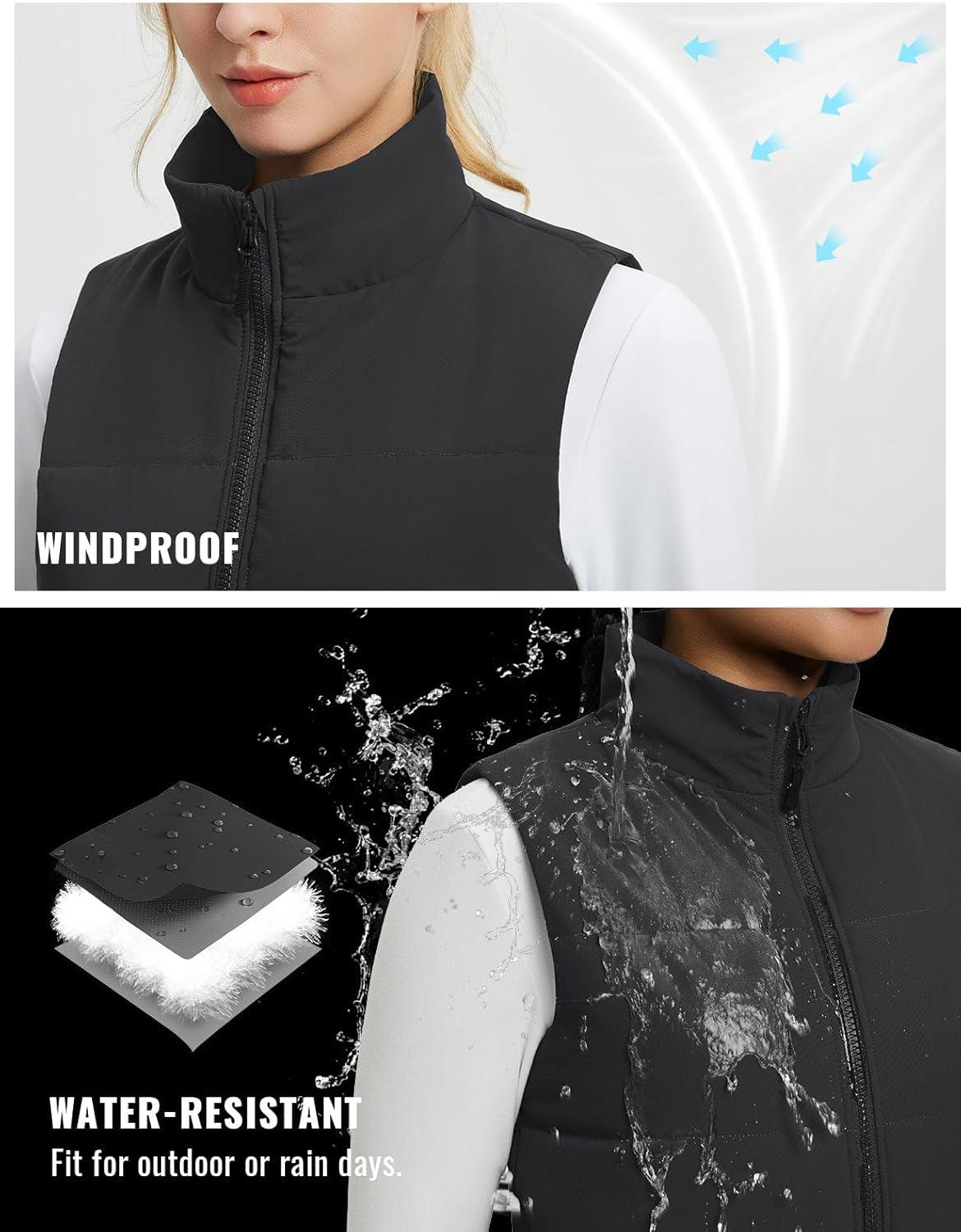 imagebaleaf Womens Lightweight Puffy Vest Quilted Winter Warm Outerwear Water Resistant Stand Collar Sleeveless Running JacketsBlack