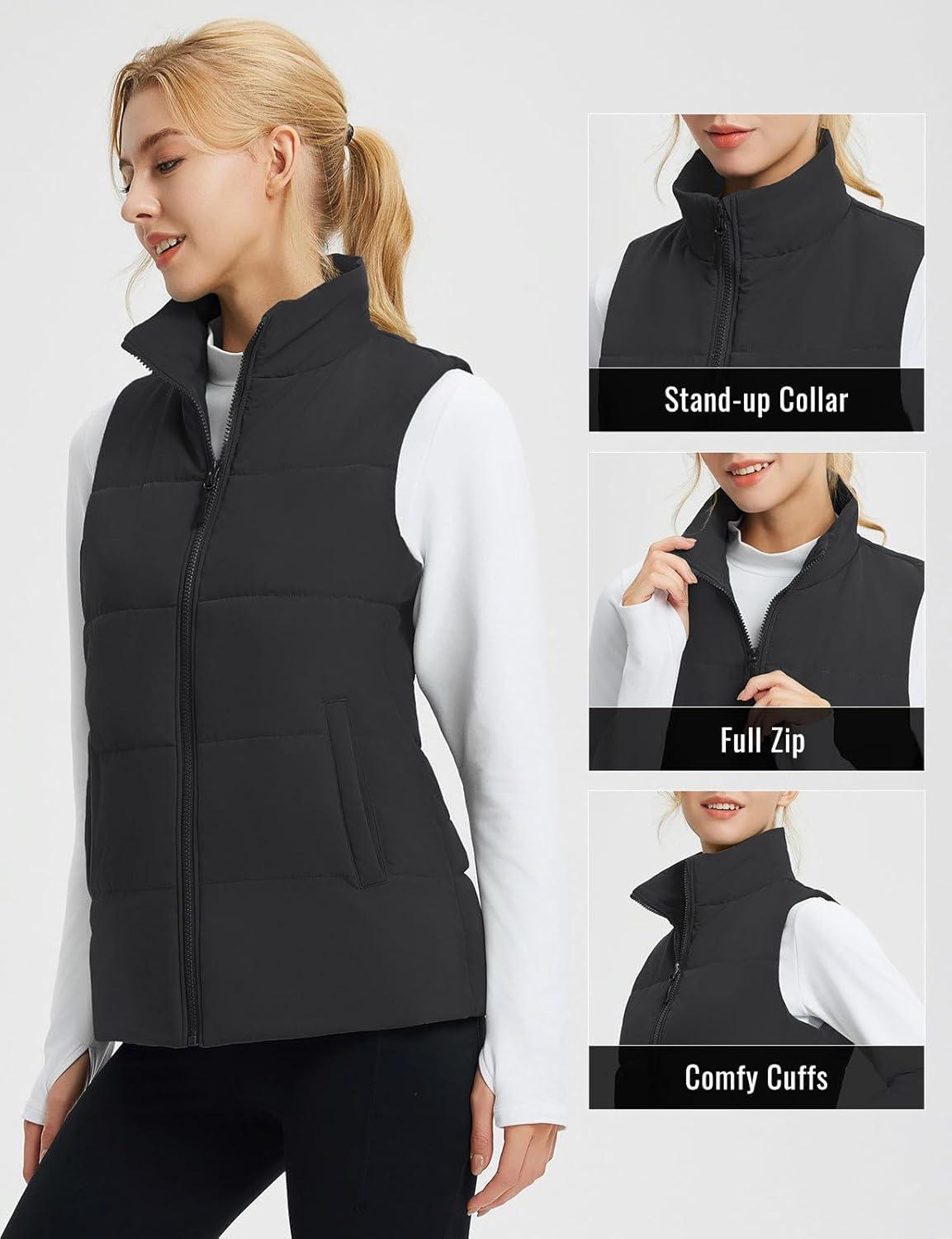 imagebaleaf Womens Lightweight Puffy Vest Quilted Winter Warm Outerwear Water Resistant Stand Collar Sleeveless Running JacketsBlack