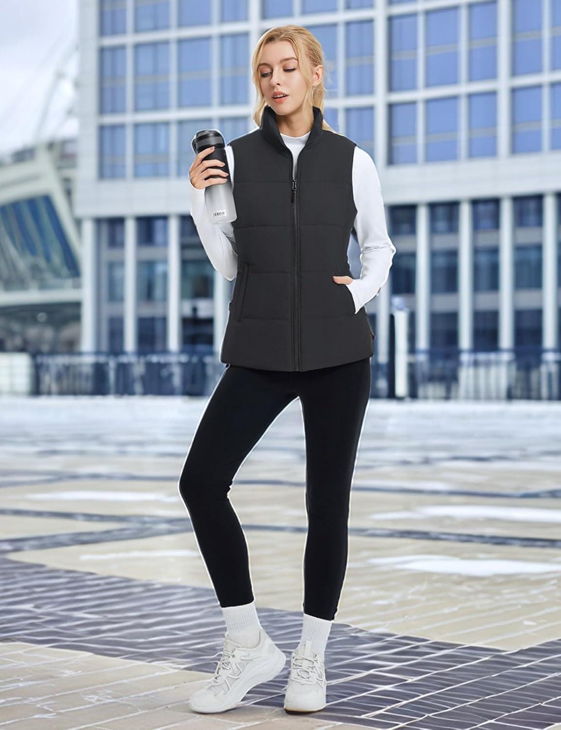 imagebaleaf Womens Lightweight Puffy Vest Quilted Winter Warm Outerwear Water Resistant Stand Collar Sleeveless Running JacketsBlack