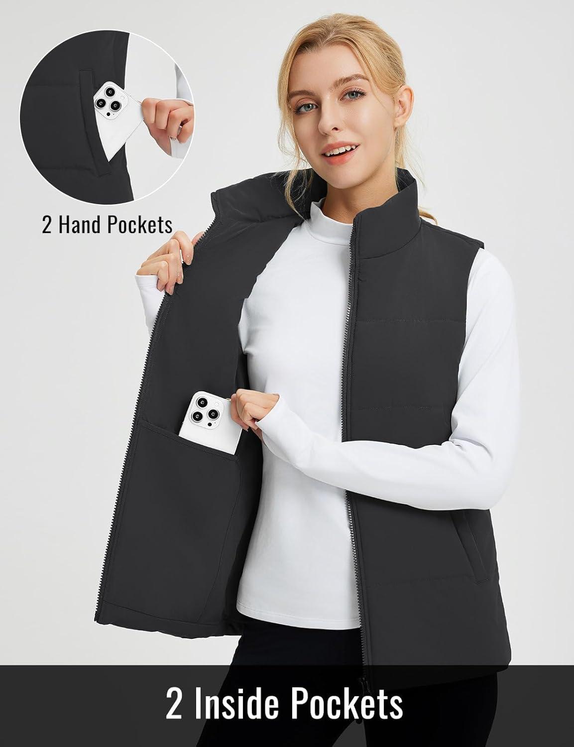 imagebaleaf Womens Lightweight Puffy Vest Quilted Winter Warm Outerwear Water Resistant Stand Collar Sleeveless Running JacketsBlack