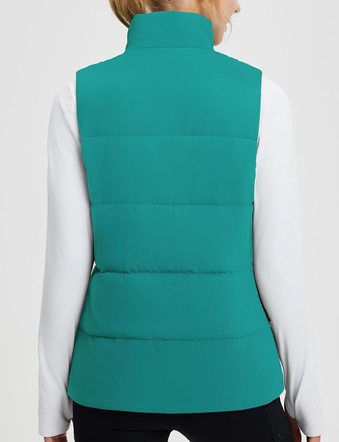 imagebaleaf Womens Lightweight Puffy Vest Quilted Winter Warm Outerwear Water Resistant Stand Collar Sleeveless Running JacketsGreen