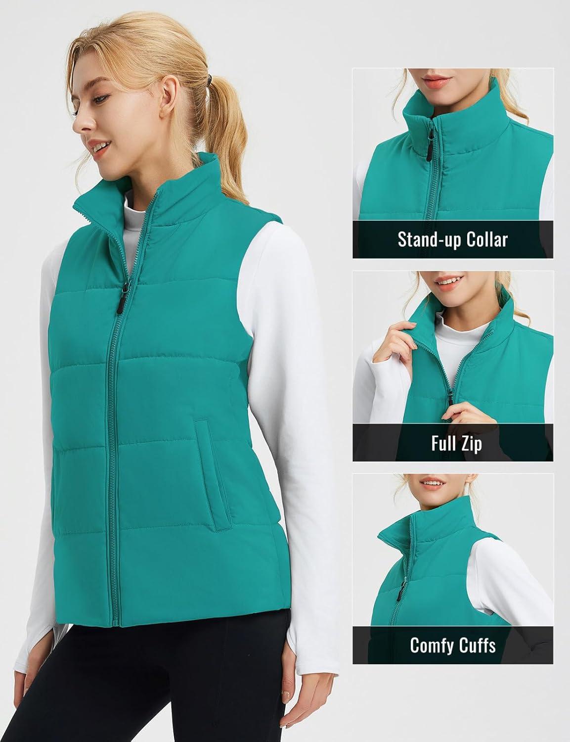 imagebaleaf Womens Lightweight Puffy Vest Quilted Winter Warm Outerwear Water Resistant Stand Collar Sleeveless Running JacketsGreen