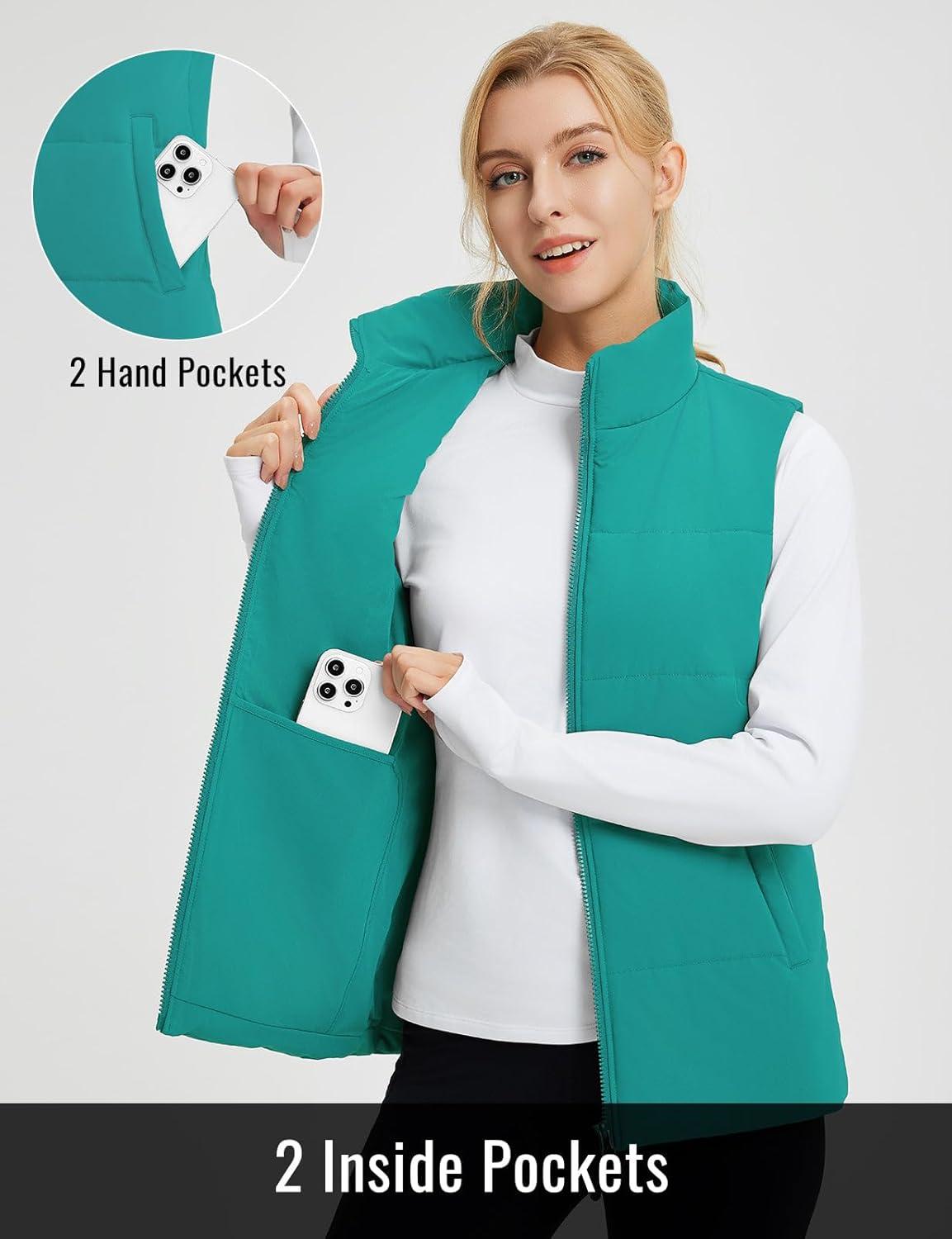 imagebaleaf Womens Lightweight Puffy Vest Quilted Winter Warm Outerwear Water Resistant Stand Collar Sleeveless Running JacketsGreen