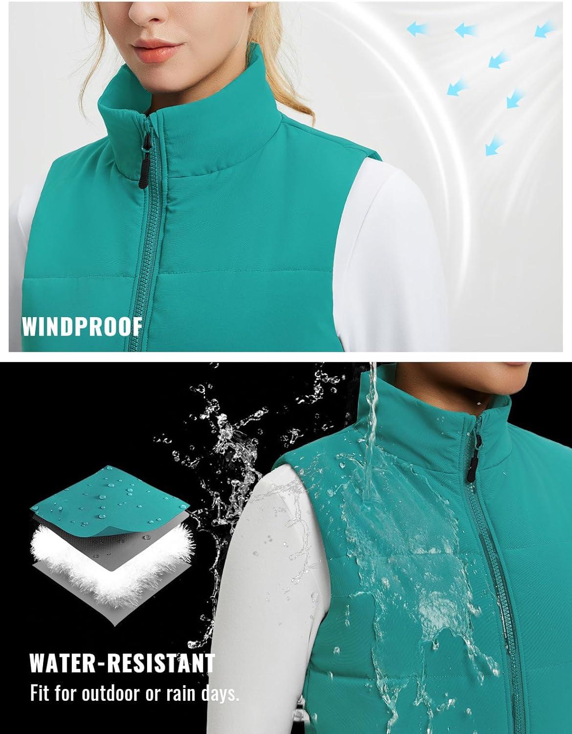 imagebaleaf Womens Lightweight Puffy Vest Quilted Winter Warm Outerwear Water Resistant Stand Collar Sleeveless Running JacketsGreen