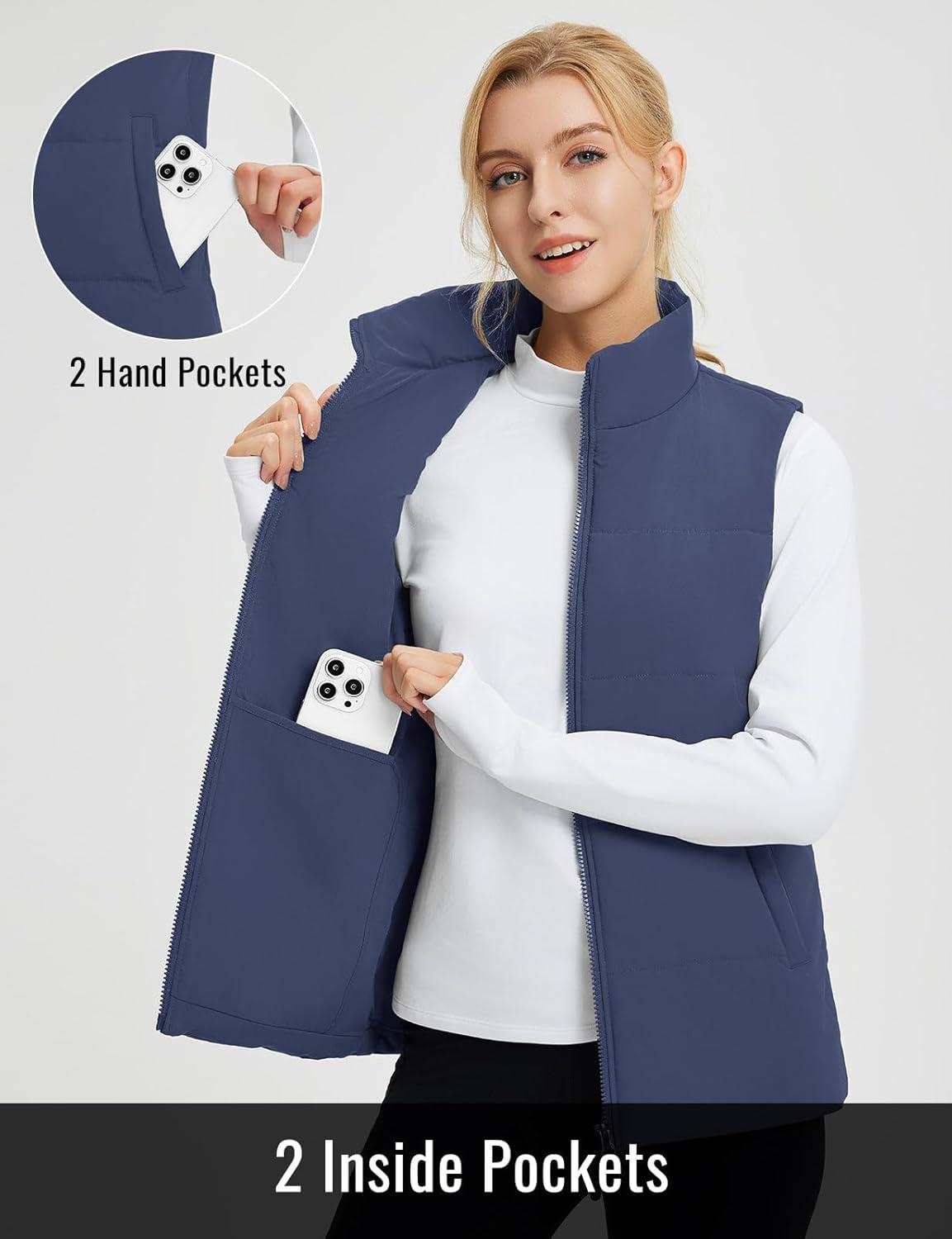 imagebaleaf Womens Lightweight Puffy Vest Quilted Winter Warm Outerwear Water Resistant Stand Collar Sleeveless Running JacketsNavy Blue