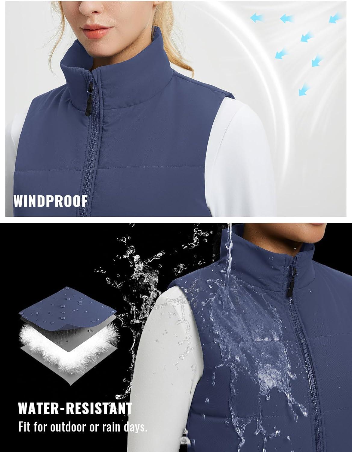 imagebaleaf Womens Lightweight Puffy Vest Quilted Winter Warm Outerwear Water Resistant Stand Collar Sleeveless Running JacketsNavy Blue