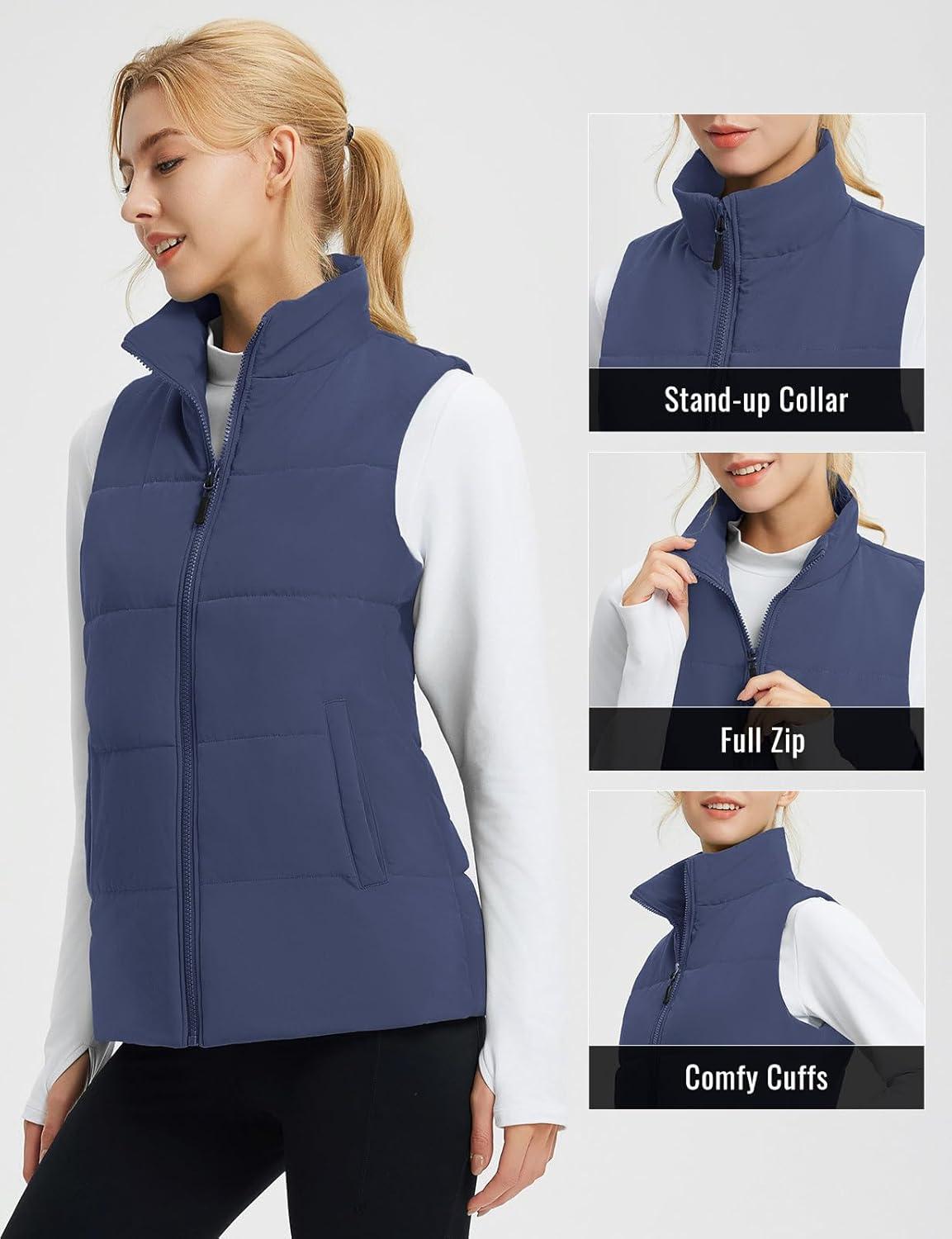 imagebaleaf Womens Lightweight Puffy Vest Quilted Winter Warm Outerwear Water Resistant Stand Collar Sleeveless Running JacketsNavy Blue