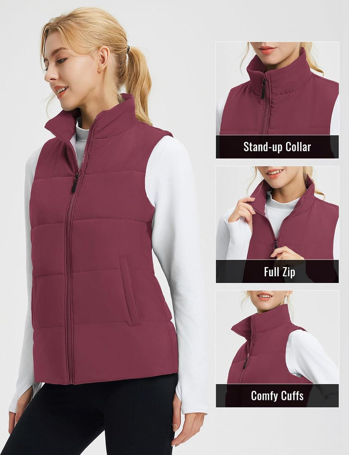 imagebaleaf Womens Lightweight Puffy Vest Quilted Winter Warm Outerwear Water Resistant Stand Collar Sleeveless Running JacketsWine Red