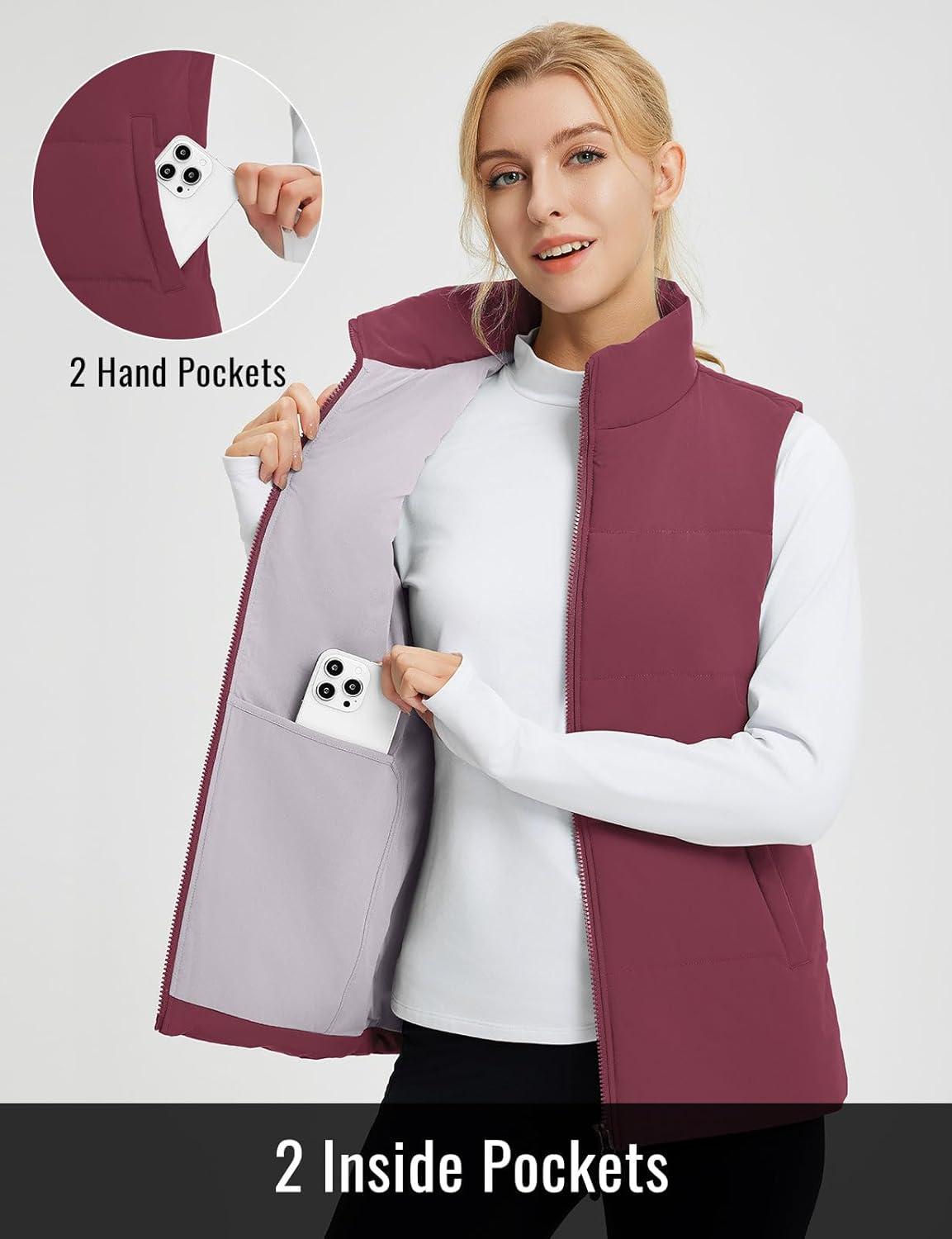 imagebaleaf Womens Lightweight Puffy Vest Quilted Winter Warm Outerwear Water Resistant Stand Collar Sleeveless Running JacketsWine Red