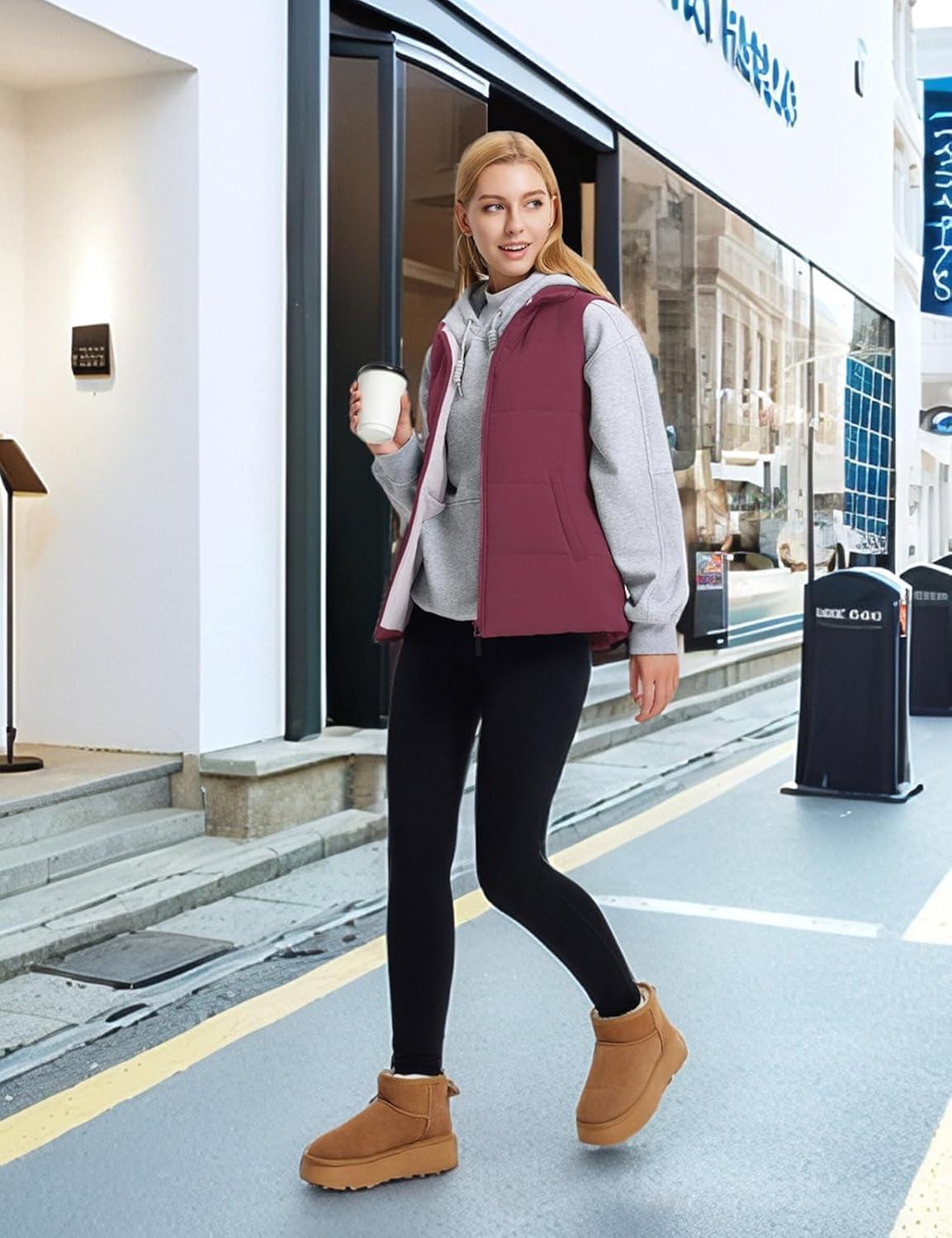 imagebaleaf Womens Lightweight Puffy Vest Quilted Winter Warm Outerwear Water Resistant Stand Collar Sleeveless Running JacketsWine Red