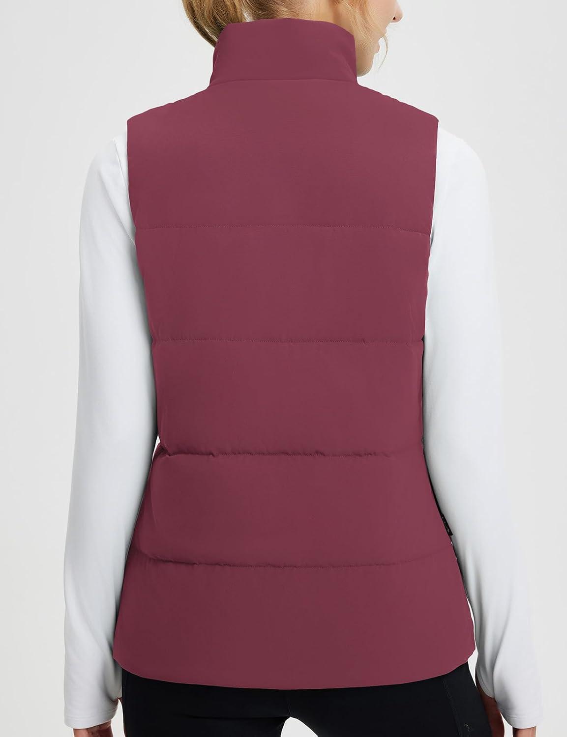 imagebaleaf Womens Lightweight Puffy Vest Quilted Winter Warm Outerwear Water Resistant Stand Collar Sleeveless Running JacketsWine Red