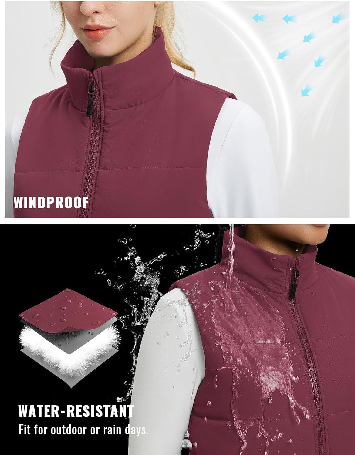 imagebaleaf Womens Lightweight Puffy Vest Quilted Winter Warm Outerwear Water Resistant Stand Collar Sleeveless Running JacketsWine Red