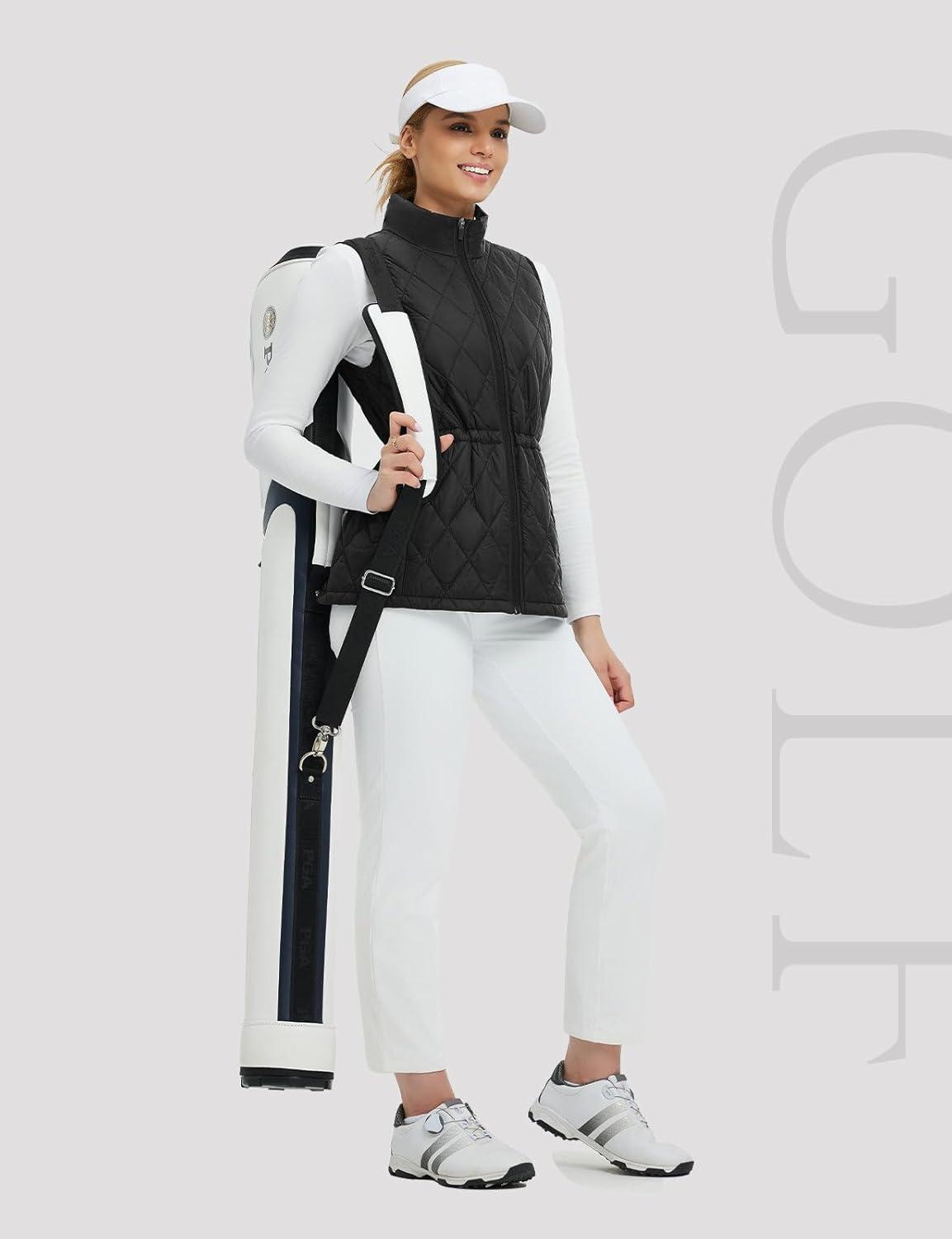 imagebaleaf Womens Puffer Drawstring Vest Lightweight Winter Warm Stand Collar Quilted Golf Vests Water Resistant Zip PocketsBlack