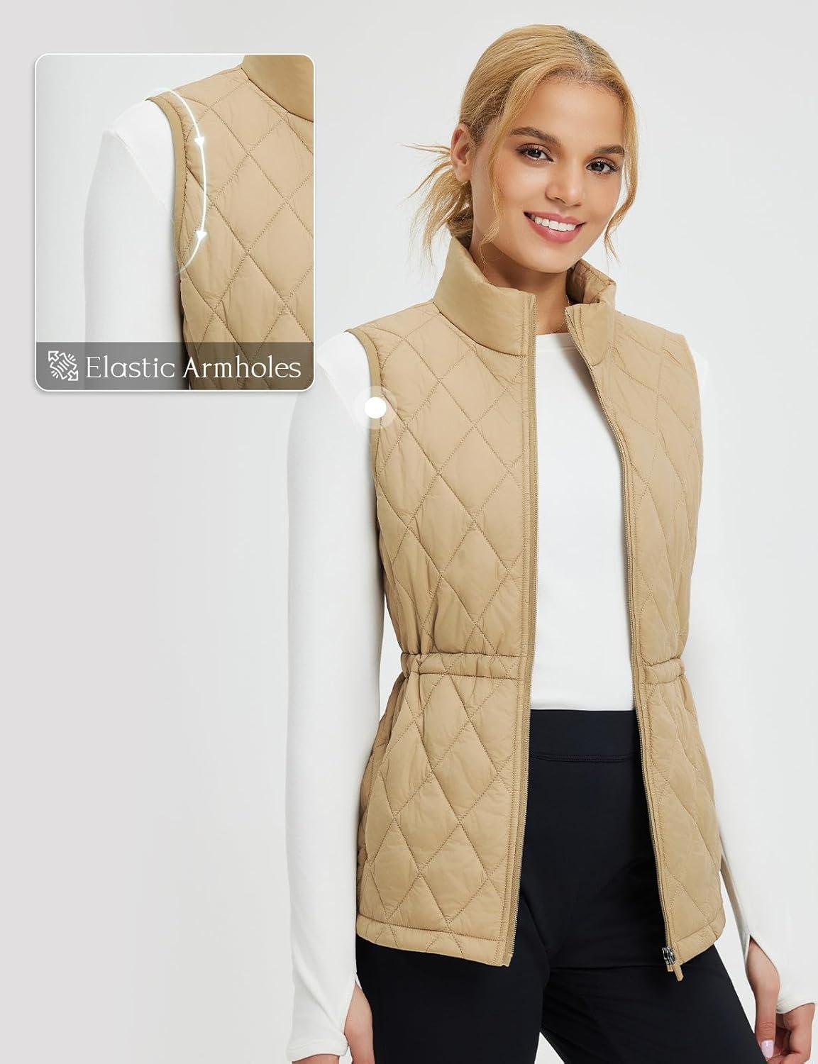 imagebaleaf Womens Puffer Drawstring Vest Lightweight Winter Warm Stand Collar Quilted Golf Vests Water Resistant Zip PocketsBrown