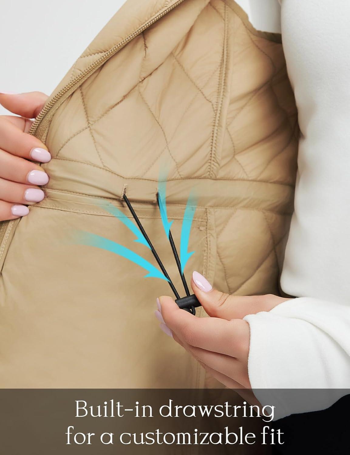 imagebaleaf Womens Puffer Drawstring Vest Lightweight Winter Warm Stand Collar Quilted Golf Vests Water Resistant Zip PocketsBrown