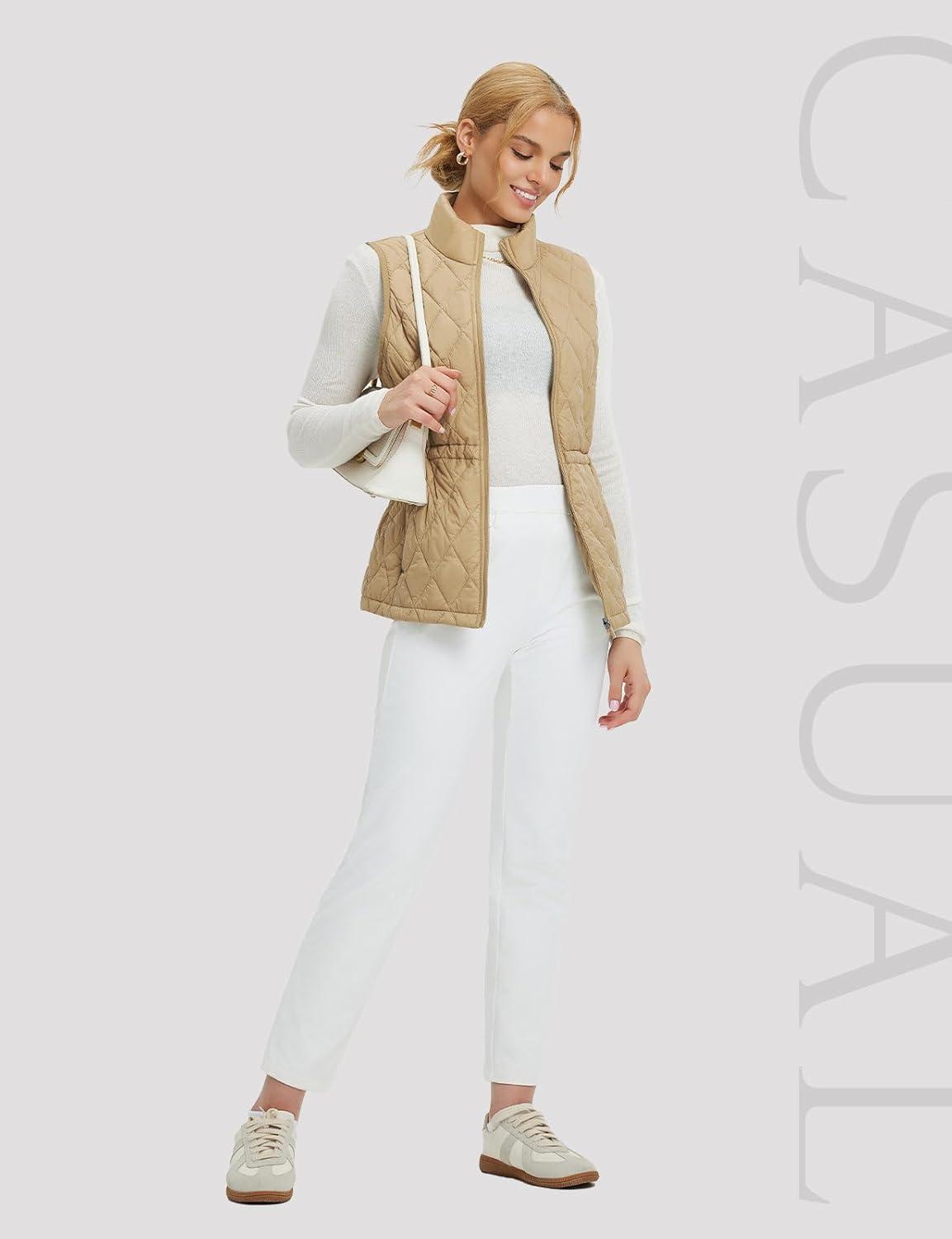 imagebaleaf Womens Puffer Drawstring Vest Lightweight Winter Warm Stand Collar Quilted Golf Vests Water Resistant Zip PocketsBrown