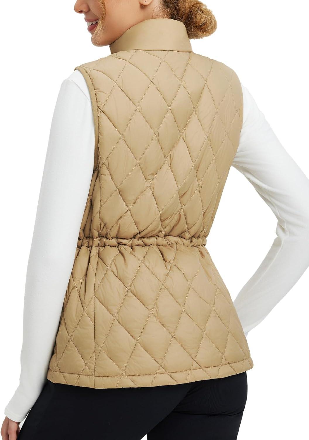 imagebaleaf Womens Puffer Drawstring Vest Lightweight Winter Warm Stand Collar Quilted Golf Vests Water Resistant Zip PocketsBrown