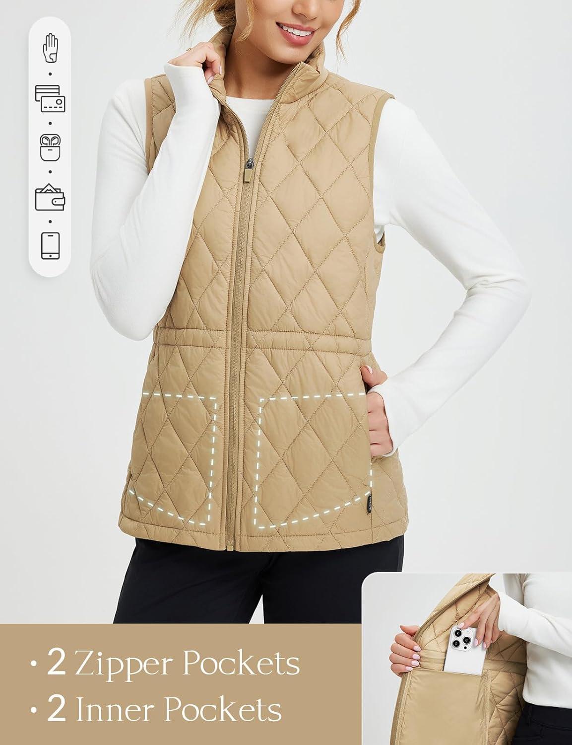 imagebaleaf Womens Puffer Drawstring Vest Lightweight Winter Warm Stand Collar Quilted Golf Vests Water Resistant Zip PocketsBrown