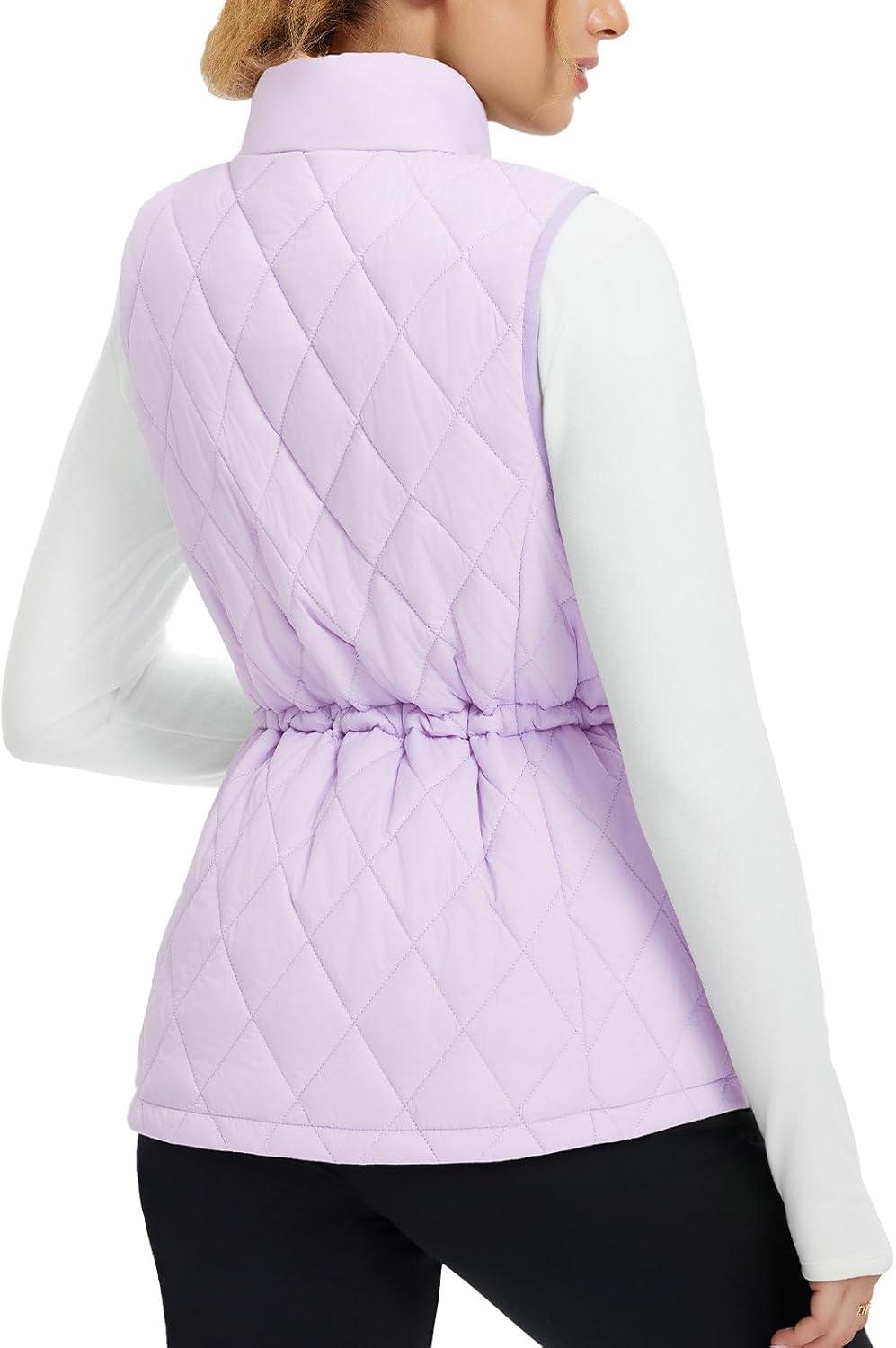 imagebaleaf Womens Puffer Drawstring Vest Lightweight Winter Warm Stand Collar Quilted Golf Vests Water Resistant Zip PocketsLight Purple