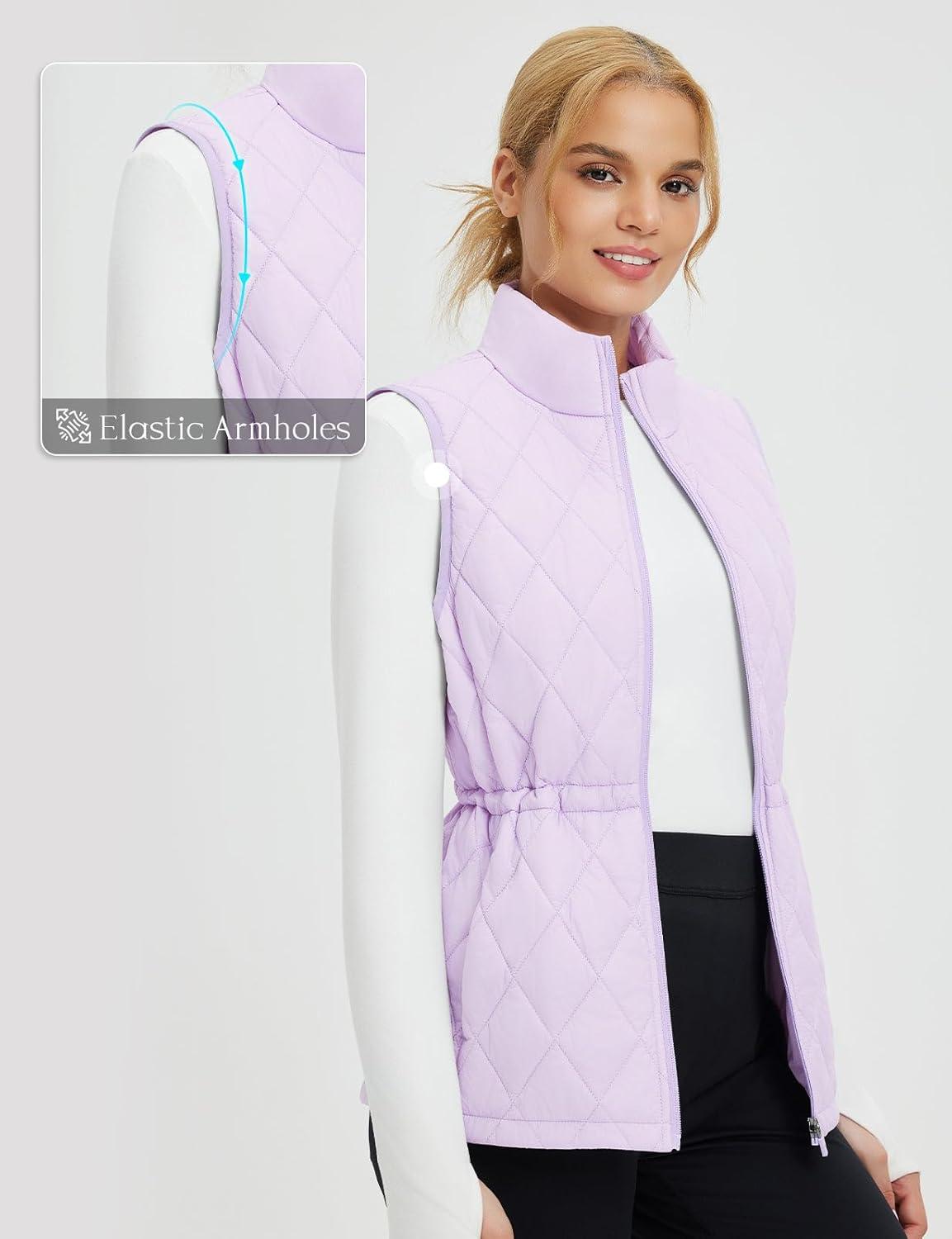 imagebaleaf Womens Puffer Drawstring Vest Lightweight Winter Warm Stand Collar Quilted Golf Vests Water Resistant Zip PocketsLight Purple