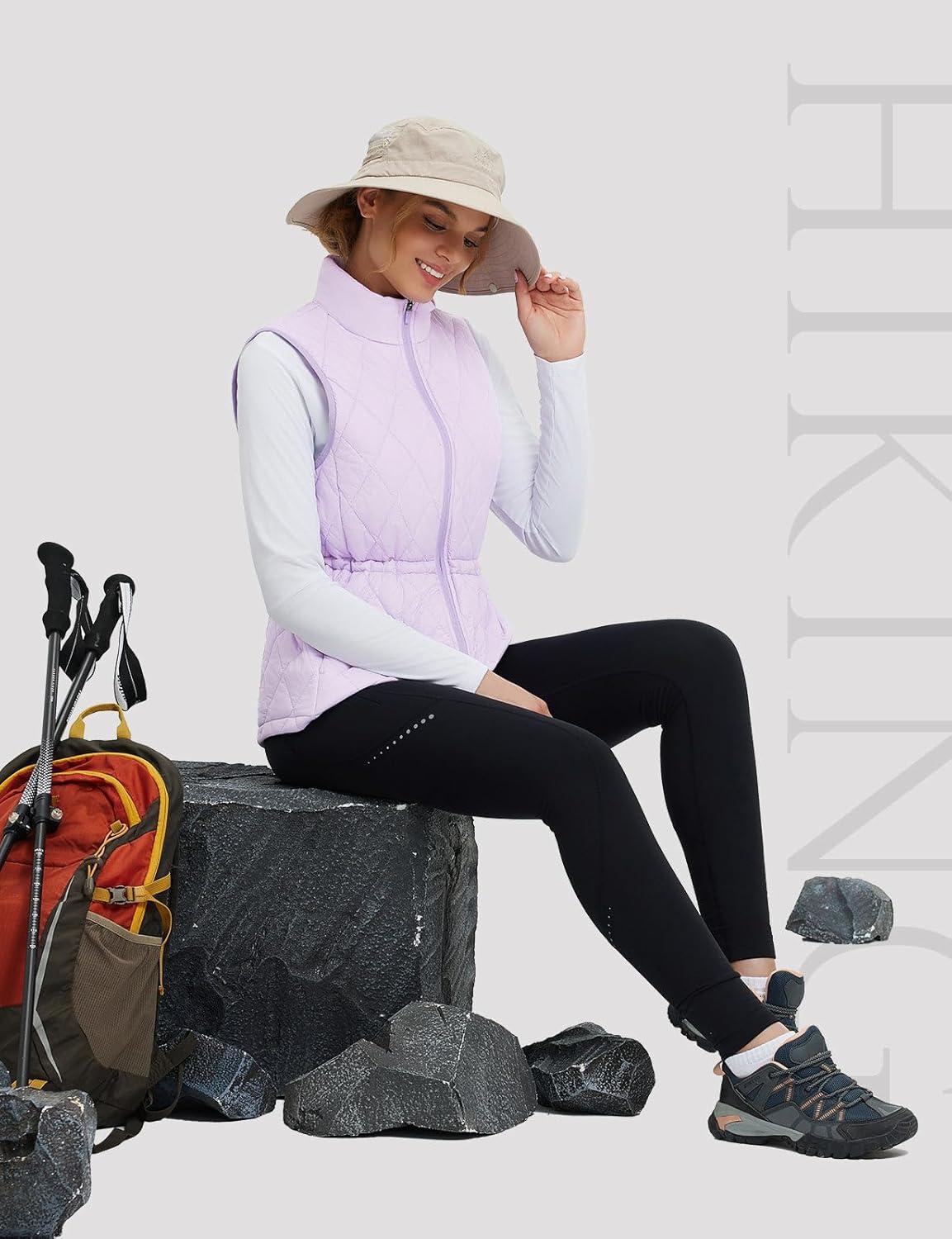 imagebaleaf Womens Puffer Drawstring Vest Lightweight Winter Warm Stand Collar Quilted Golf Vests Water Resistant Zip PocketsLight Purple