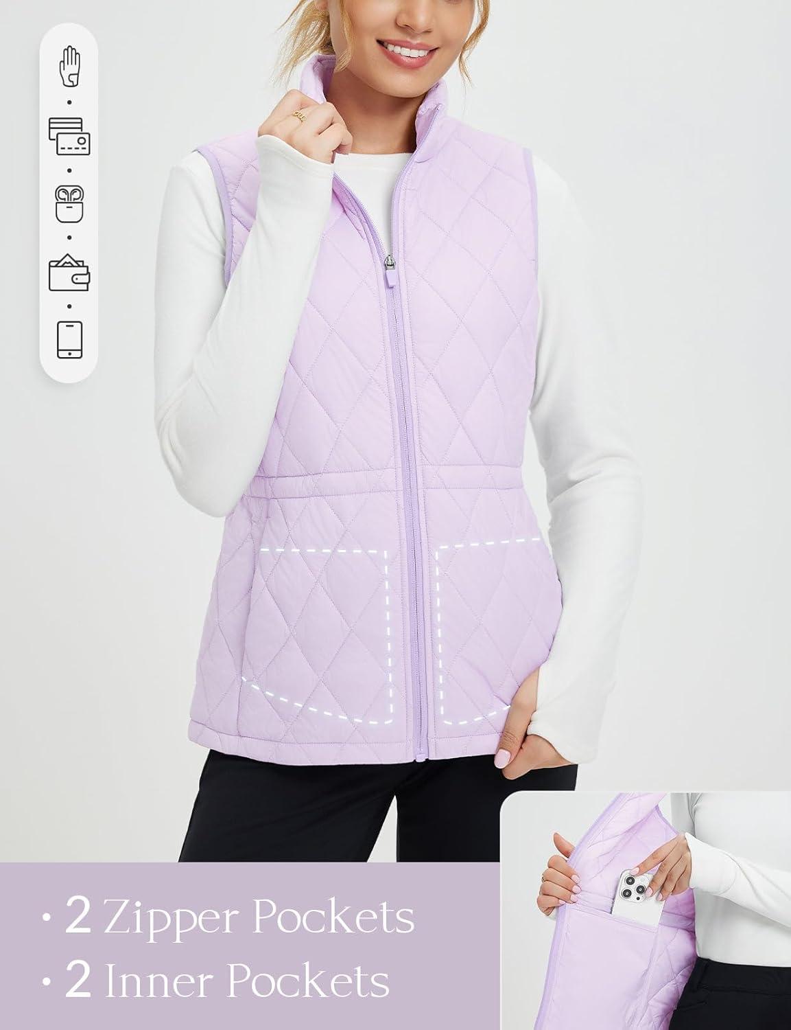 imagebaleaf Womens Puffer Drawstring Vest Lightweight Winter Warm Stand Collar Quilted Golf Vests Water Resistant Zip PocketsLight Purple