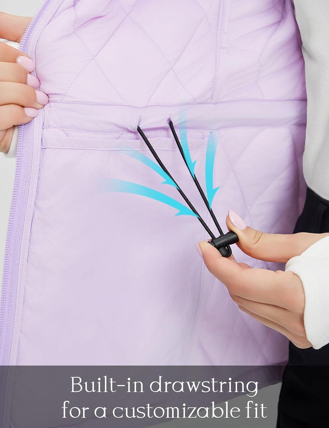 imagebaleaf Womens Puffer Drawstring Vest Lightweight Winter Warm Stand Collar Quilted Golf Vests Water Resistant Zip PocketsLight Purple