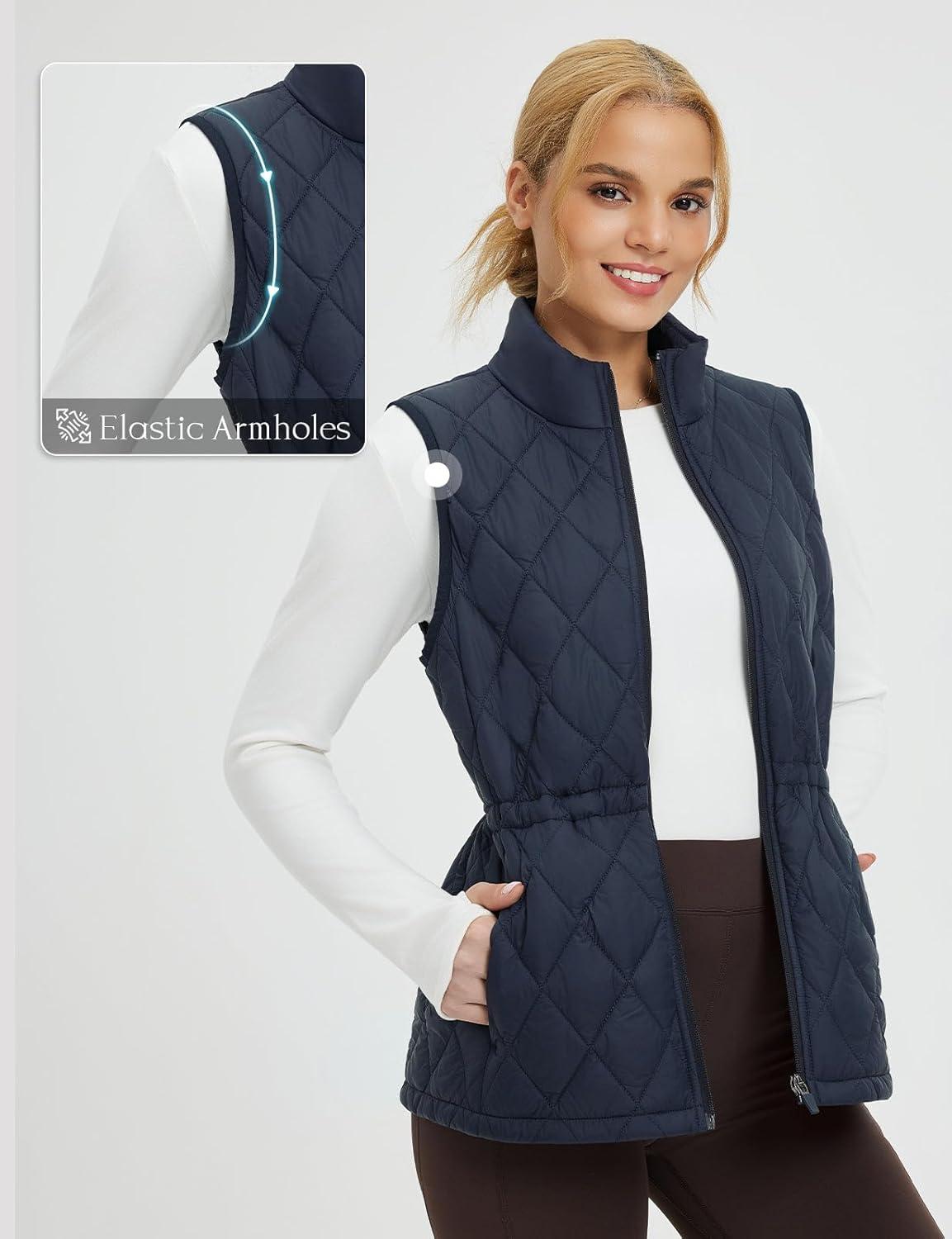 imagebaleaf Womens Puffer Drawstring Vest Lightweight Winter Warm Stand Collar Quilted Golf Vests Water Resistant Zip PocketsNavy Blue